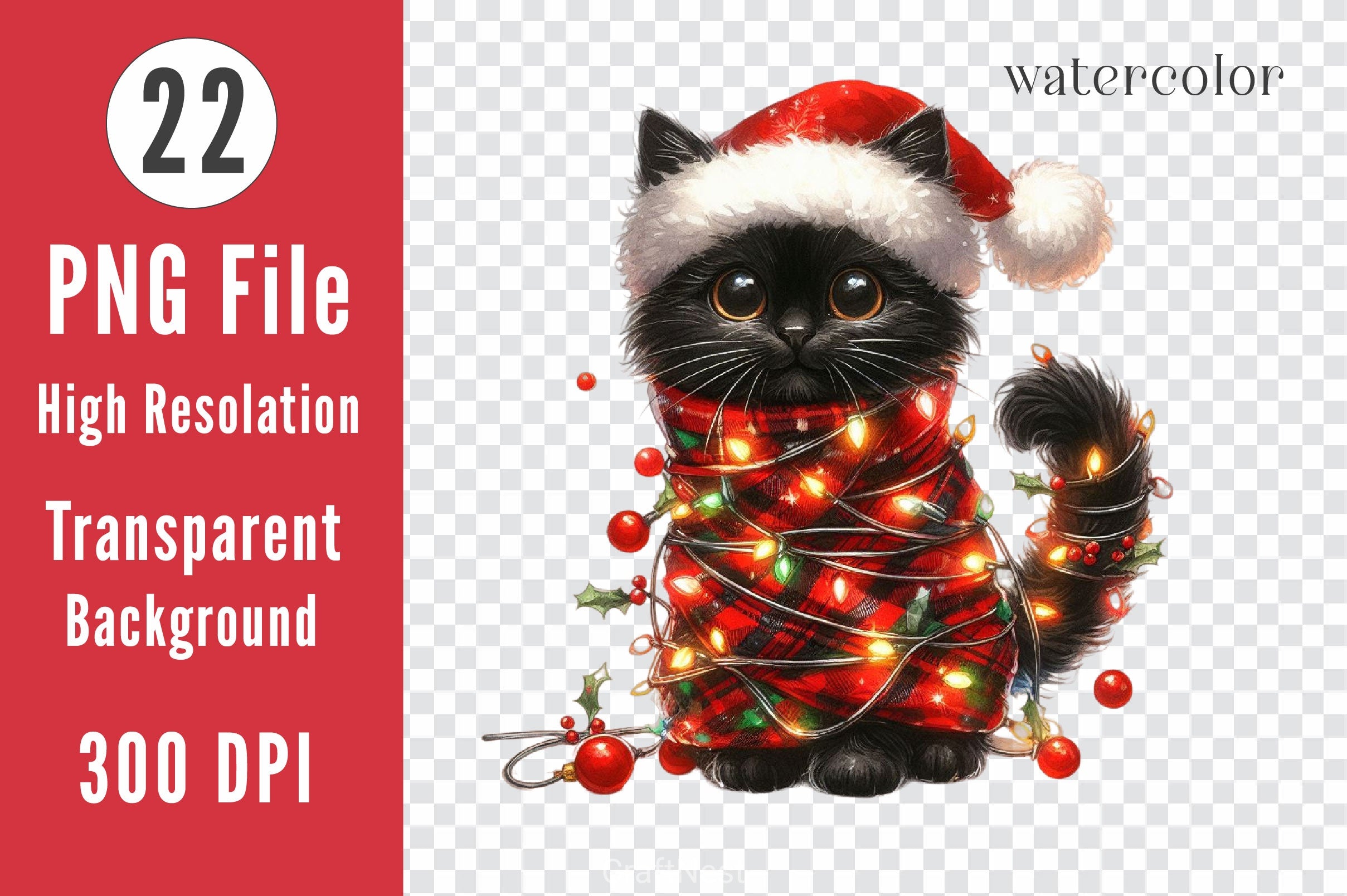 Black Cat Wrapped In Christmas Lights Clipart Bundle - CraftNest - Digital Crafting and Art