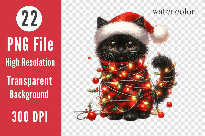 Black Cat Wrapped In Christmas Lights Clipart Bundle - CraftNest - Digital Crafting and Art