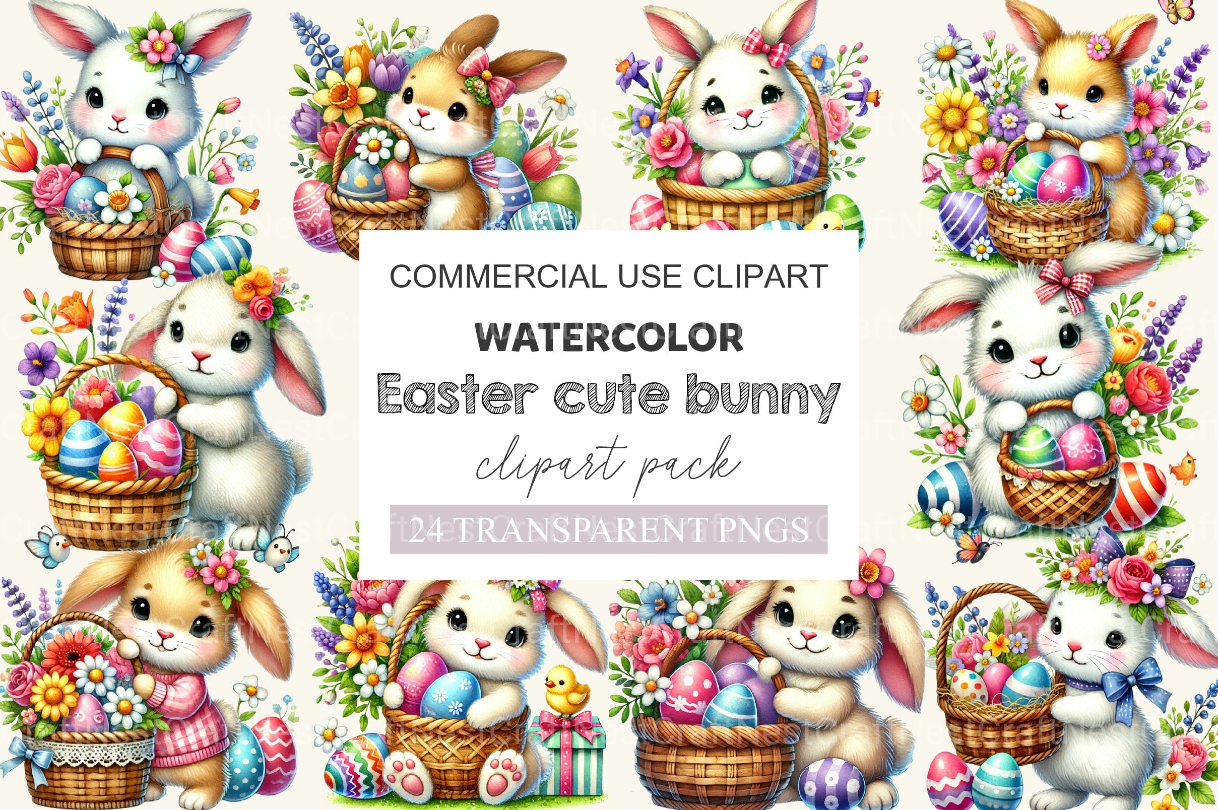Easter Cute Bunny Holding A Basket Clipart Bundle - CraftNest - Digital Crafting and Art