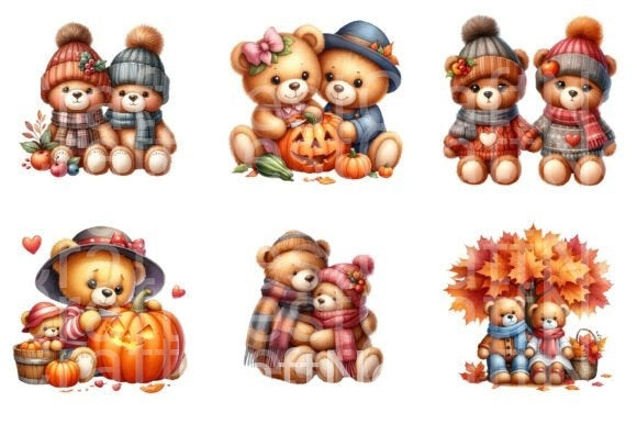 Fall Teddy Bears Couple Clipart Bundle - CraftNest - Digital Crafting and Art