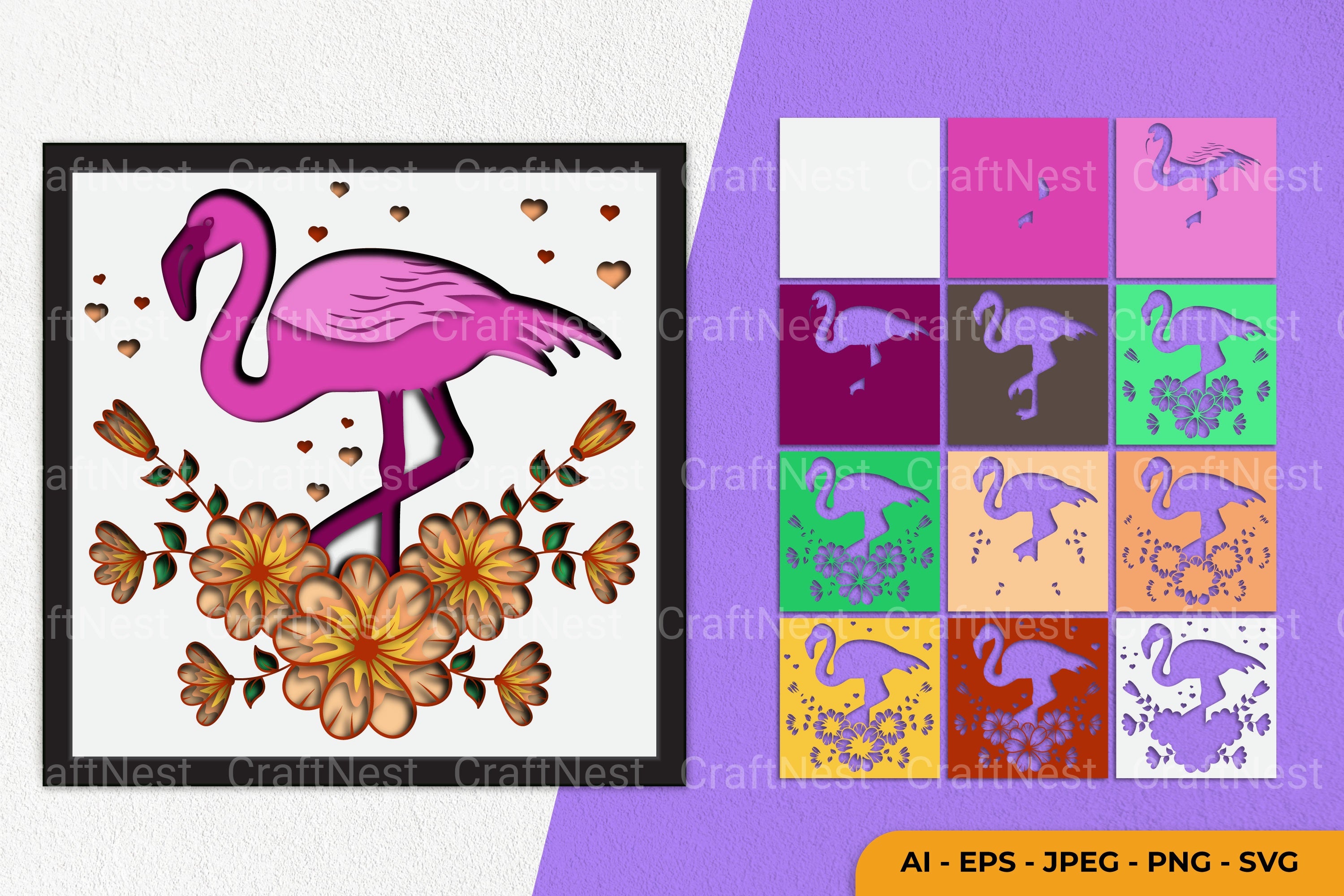 Flamingo with Flower Layered Papercut Clipart Bundle
