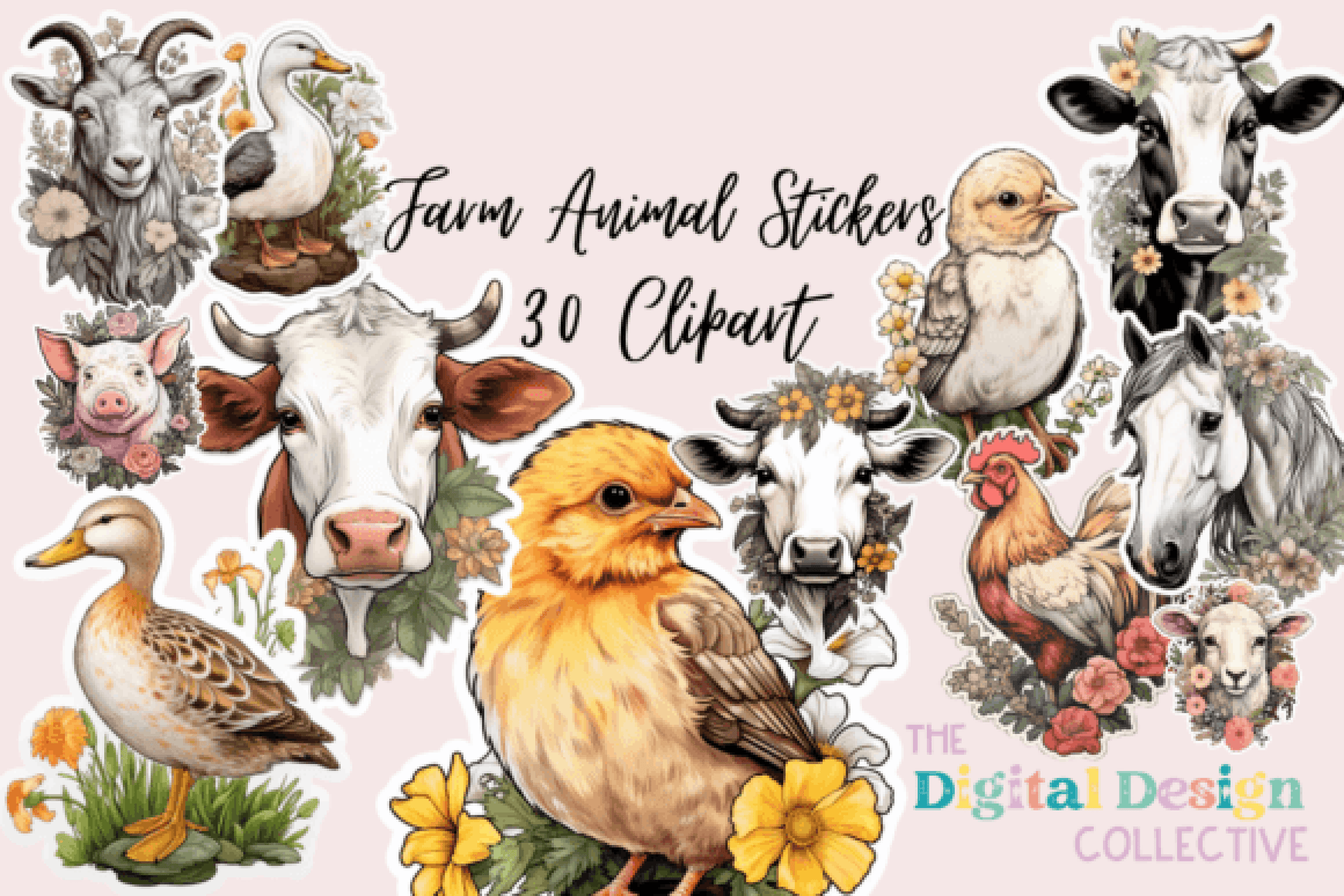Floral Farm Animals Sticker & Clipart Bundle - CraftNest - Digital Crafting and Art