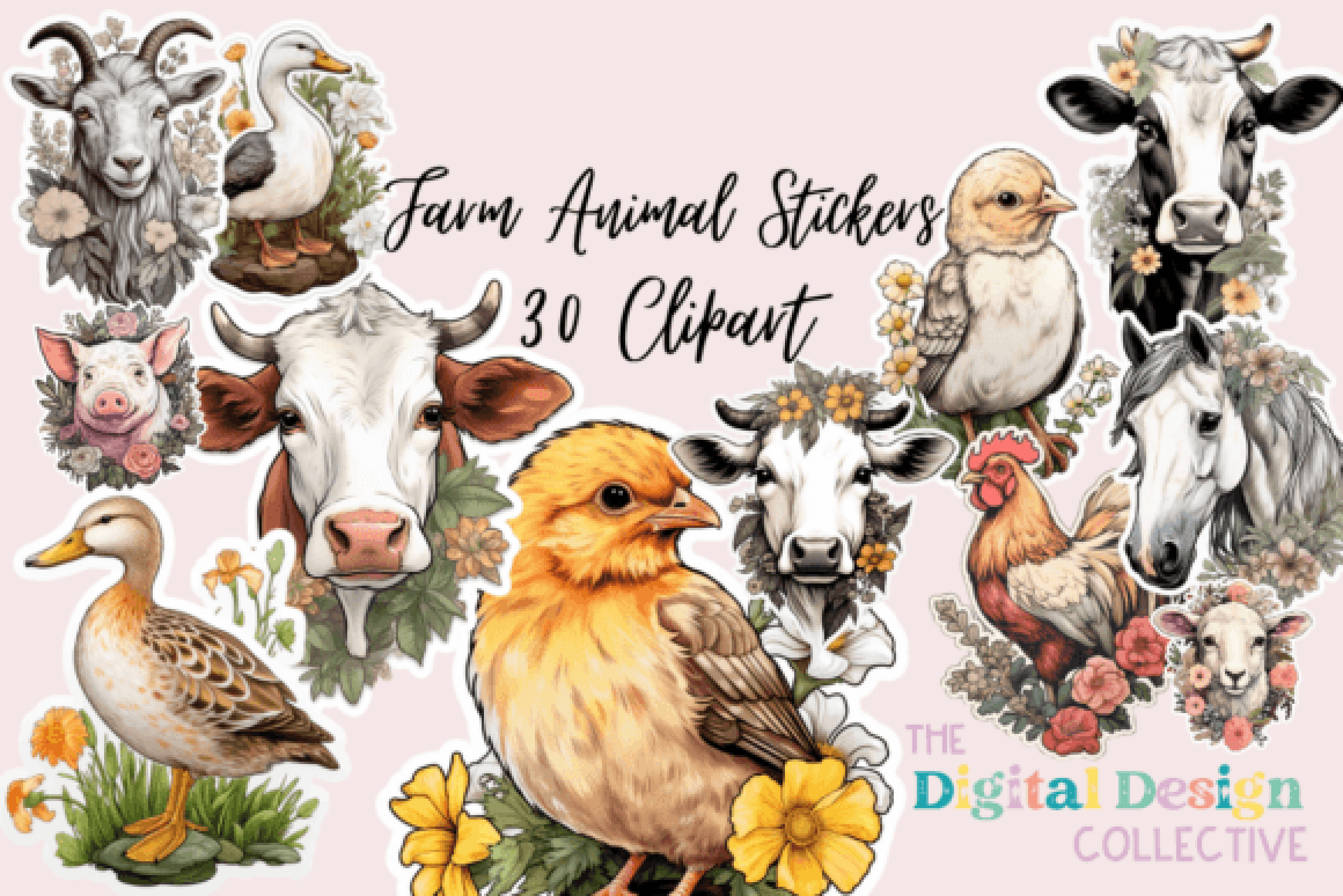 Floral Farm Animals Sticker & Clipart Bundle
