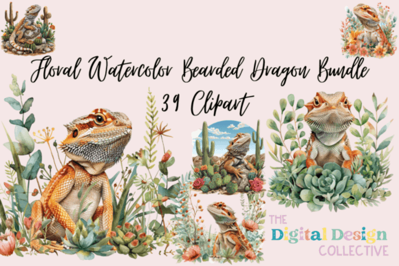 Floral Bearded Dragon Clipart Bundle - CraftNest - Digital Crafting and Art