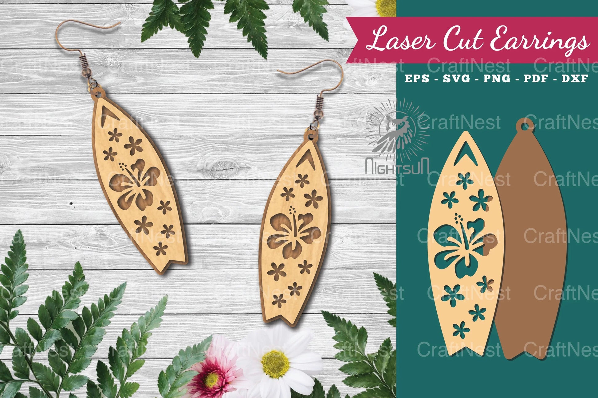 Floral Surfboard Laser Cut Earrings Design Bundle - CraftNest - Digital Crafting and Art