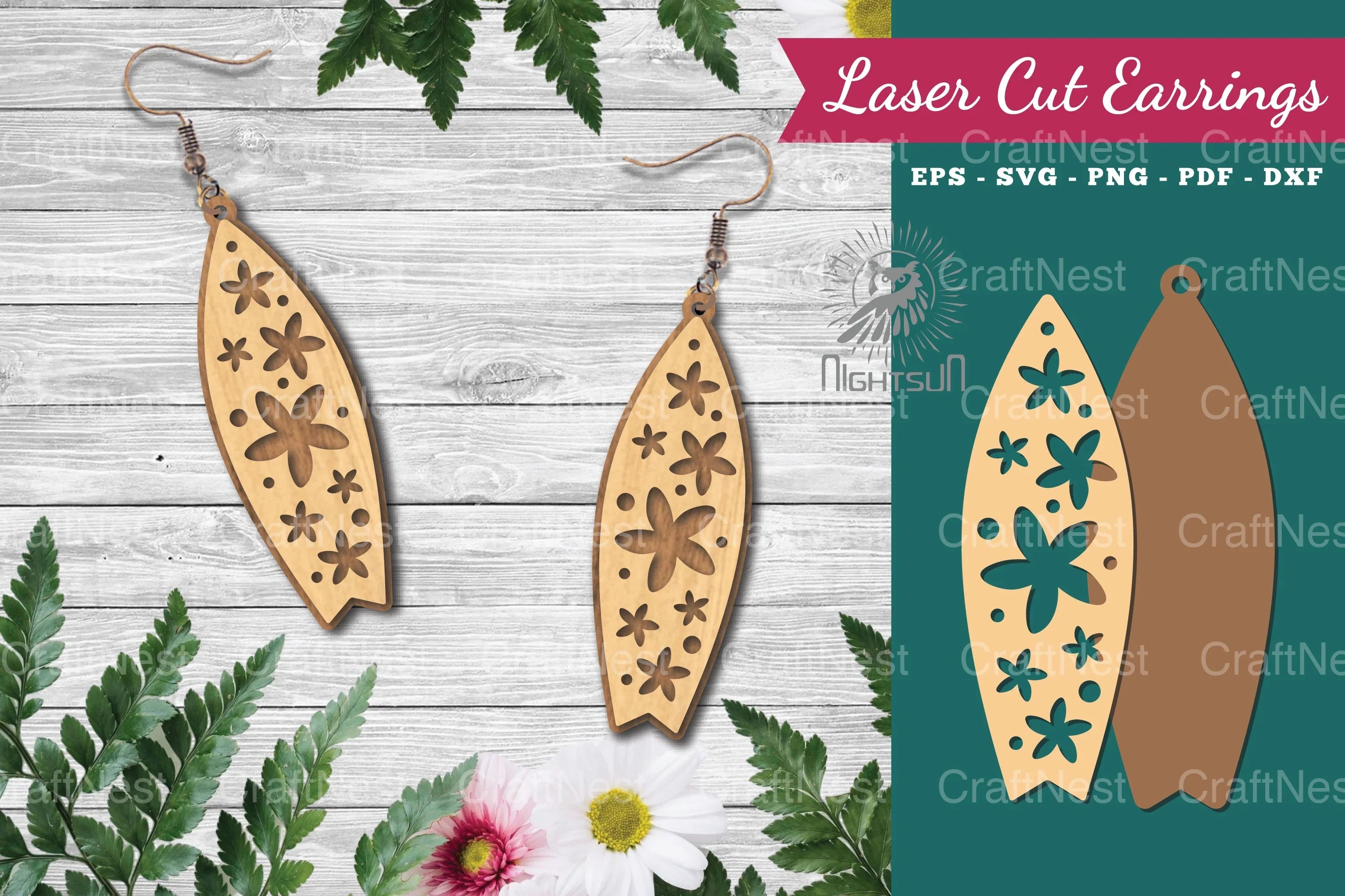 Floral Surfboard Laser Cut Earrings Design Bundle - CraftNest - Digital Crafting and Art