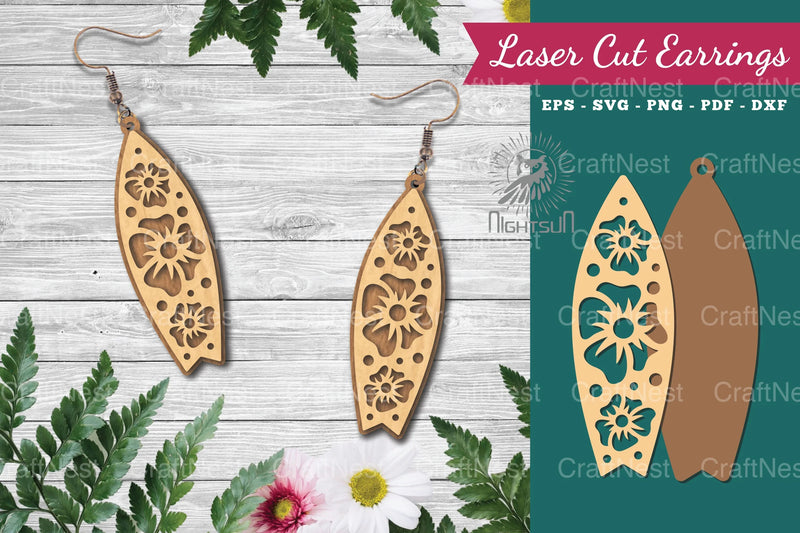 Floral Surfboard Laser Cut Earrings Design Bundle - CraftNest - Digital Crafting and Art