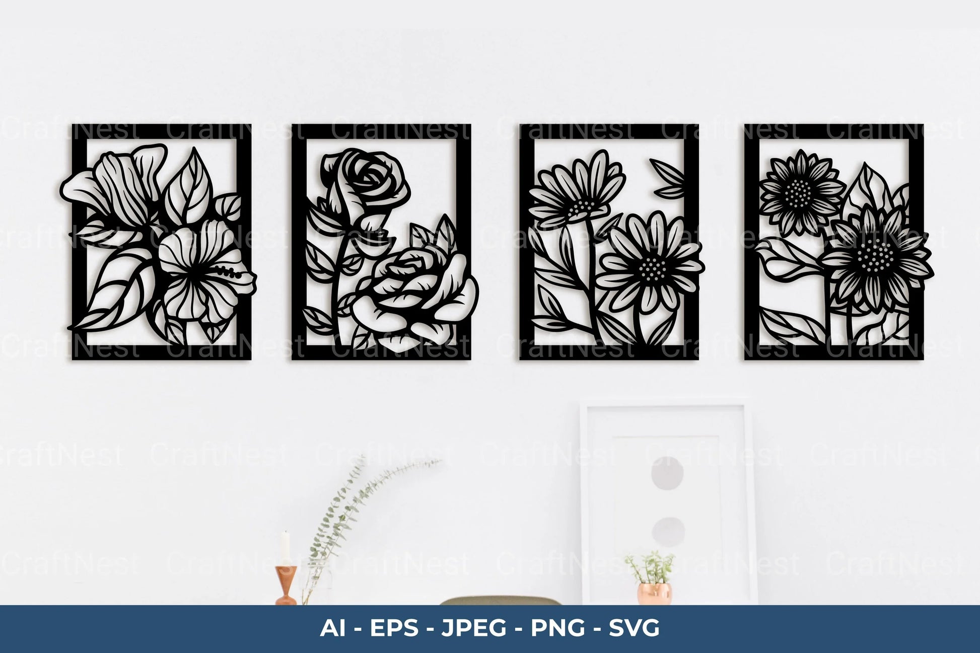 Flower Frame Laser Cut Wall Decor SVG Bundle - CraftNest - Digital Crafting and Art
