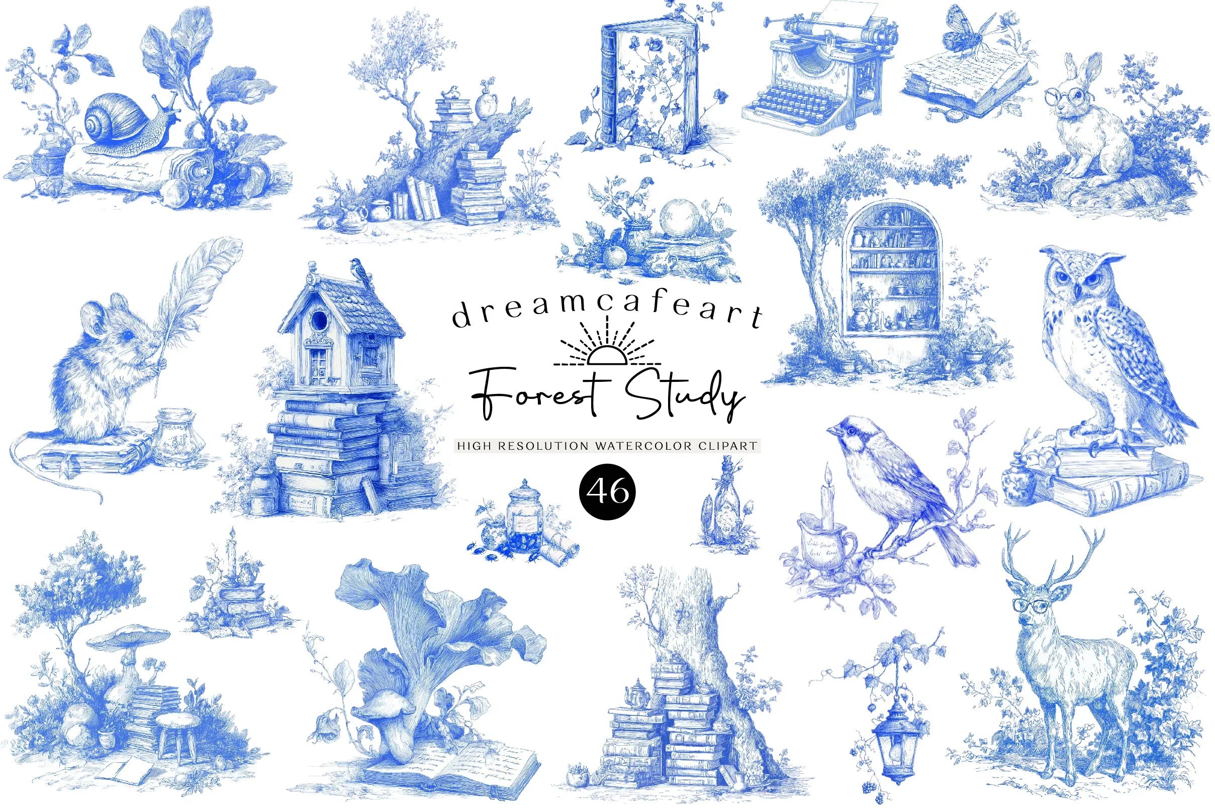 Forest Study Blue Ink Illustration Clipart Bundle - CraftNest - Digital Crafting and Art