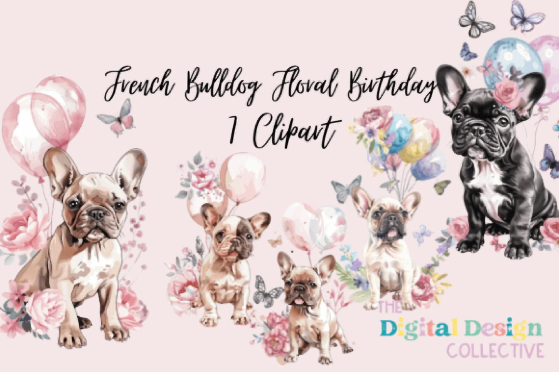 French Bulldog Birthday Floral Clipart Bundle - CraftNest - Digital Crafting and Art