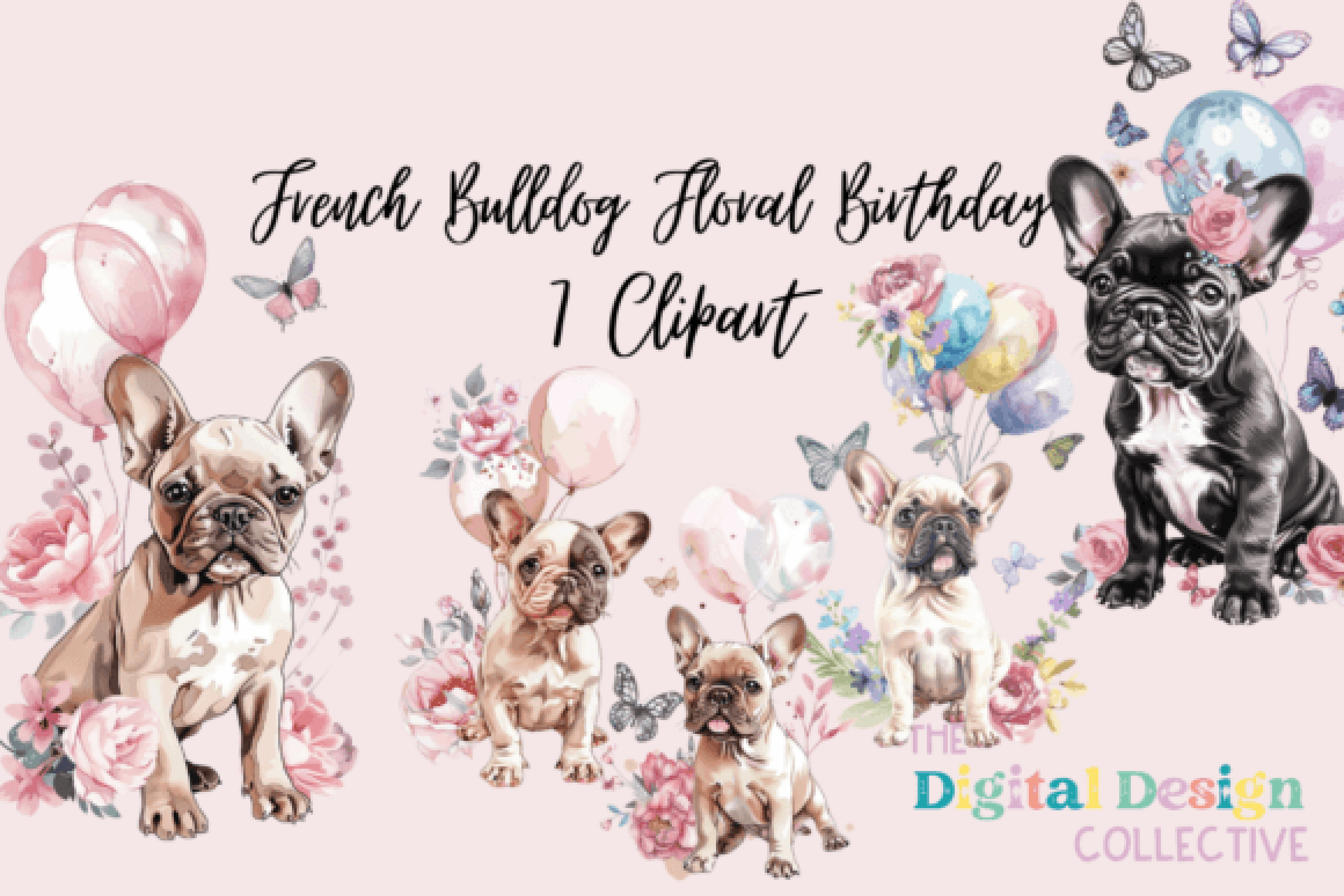 French Bulldog Birthday Floral Clipart Bundle