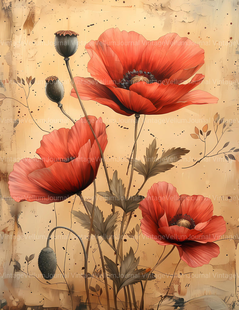 Poppies Flowers Junk Journal Pages - CraftNest