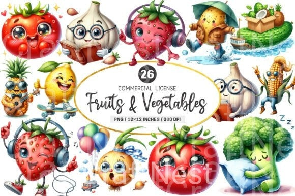Funny Fruits & Vegetables Clipart Bundle 99 - CraftNest - Digital Crafting and Art