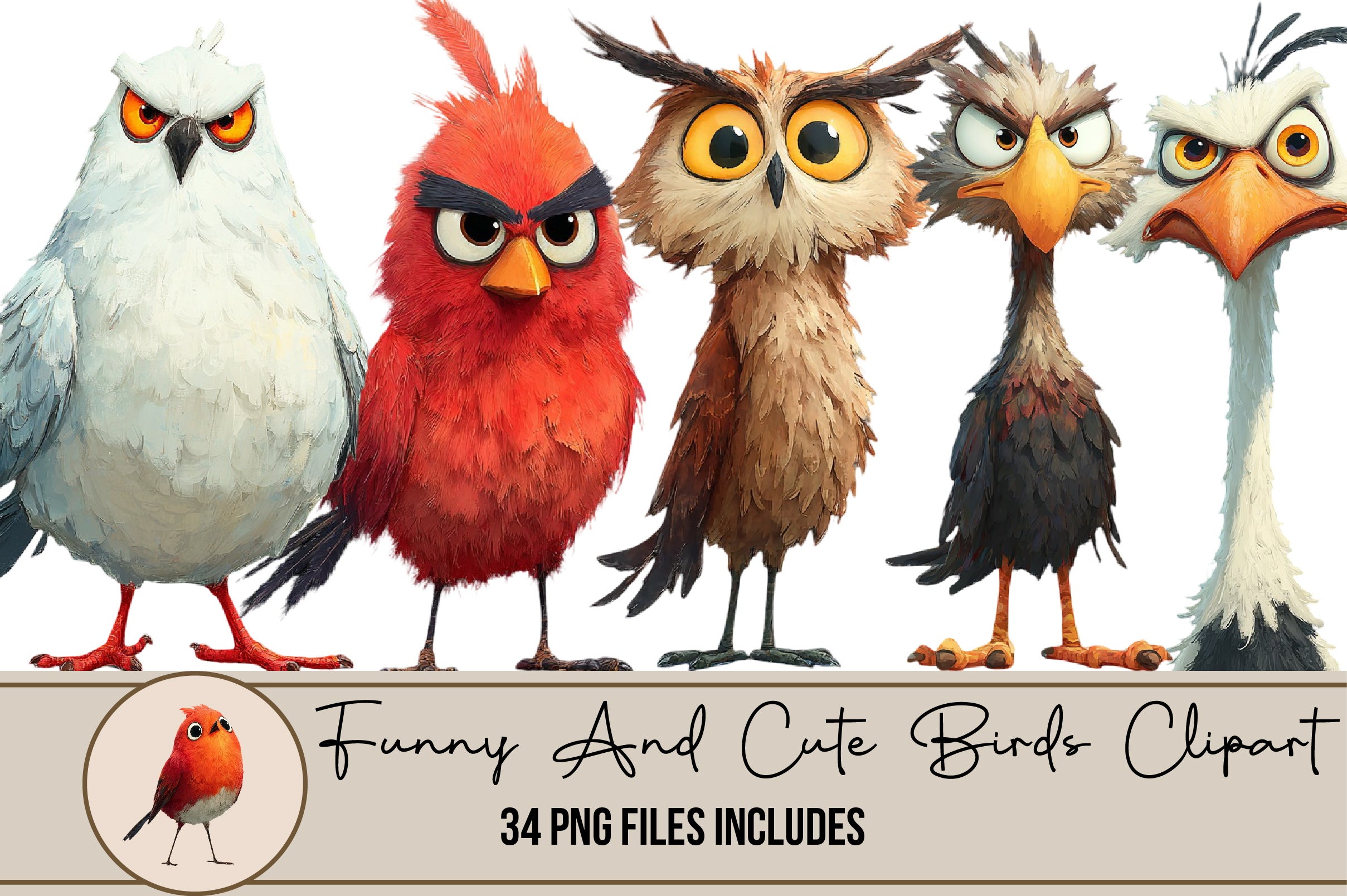 Funny & Cute Birds Clipart Bundle