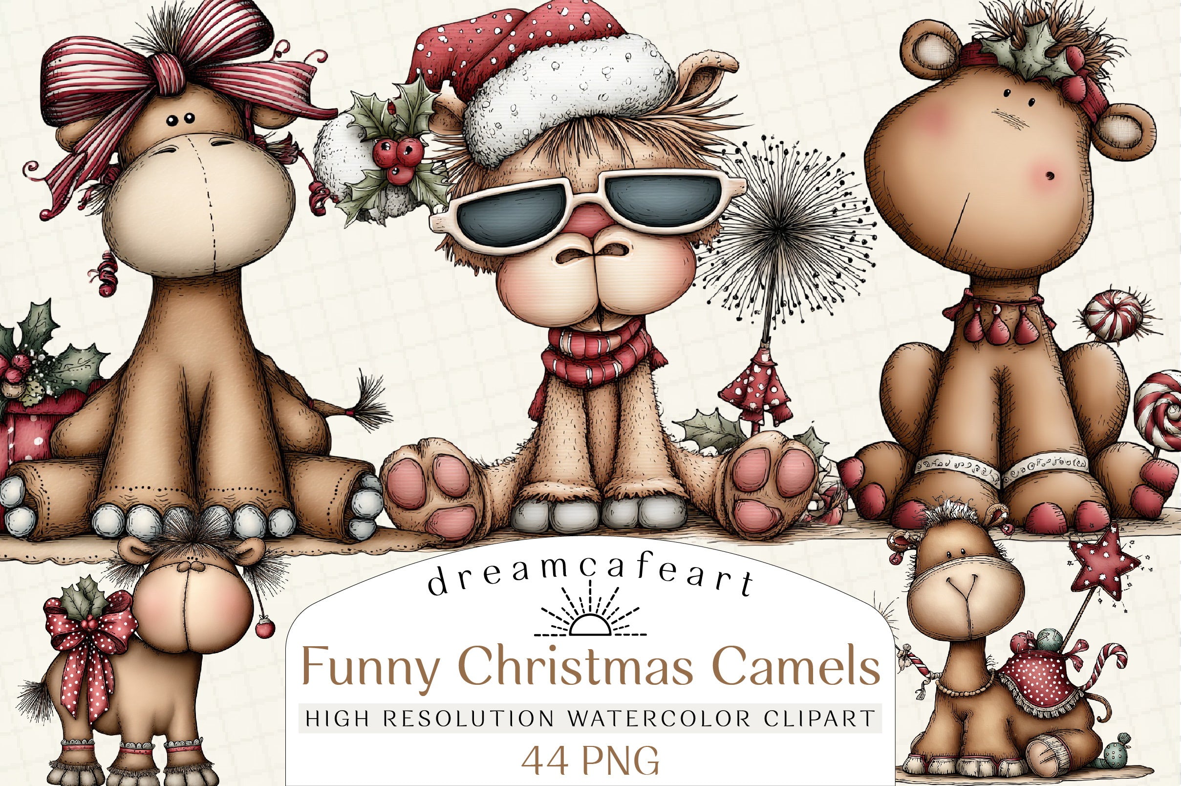 Funny Christmas Camels Clipart Bundle