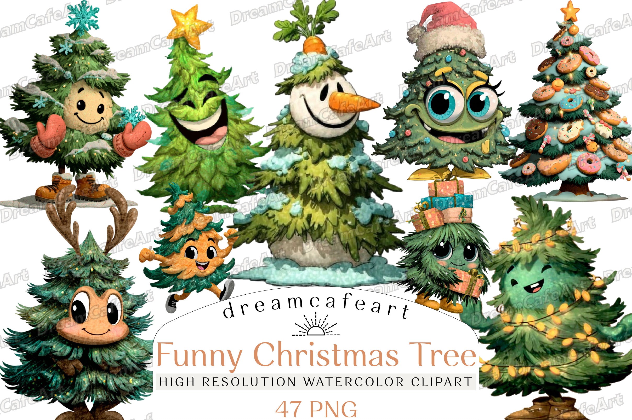 Funny Christmas Tree Clipart Bundle