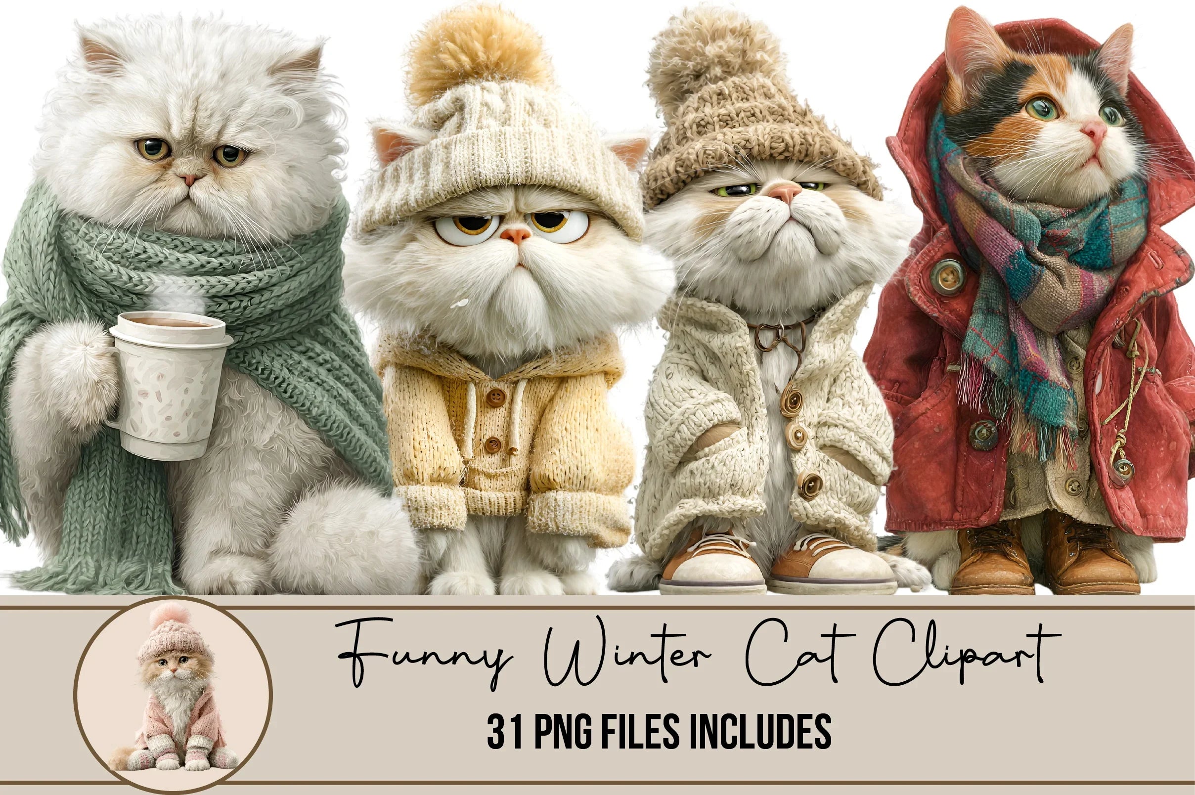 Funny Winter Cat Clipart Bundle