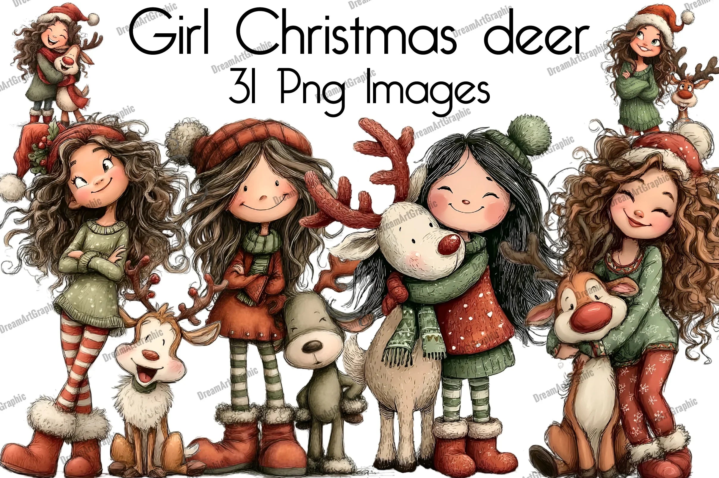 Girl Christmas Deer Clipart Bundle - CraftNest - Digital Crafting and Art