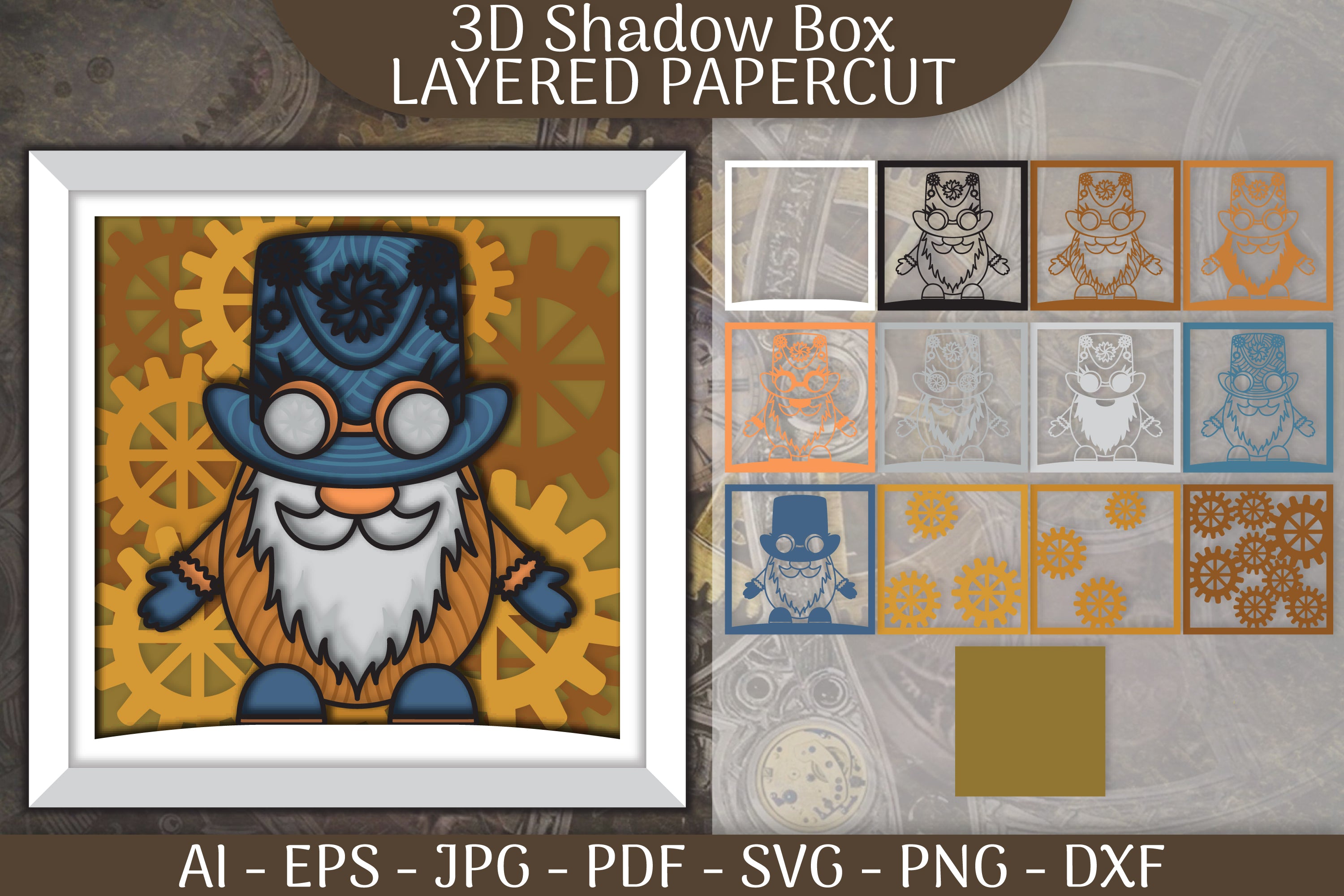 Gnome Steampunk 3D Shadowbox Papercut SVG Bundle