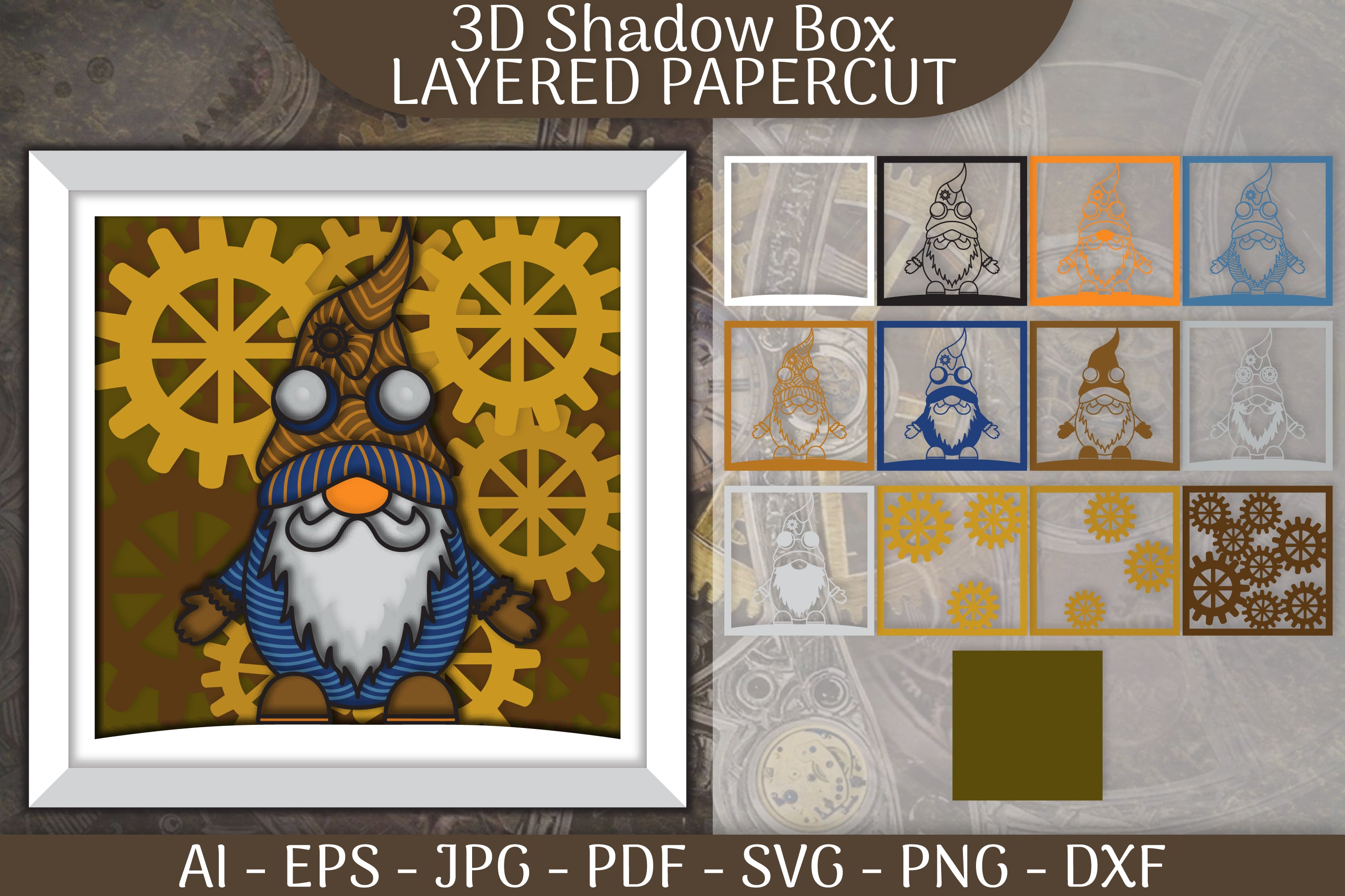 Gnome Steampunk 3D Shadowbox Papercut SVG Bundle