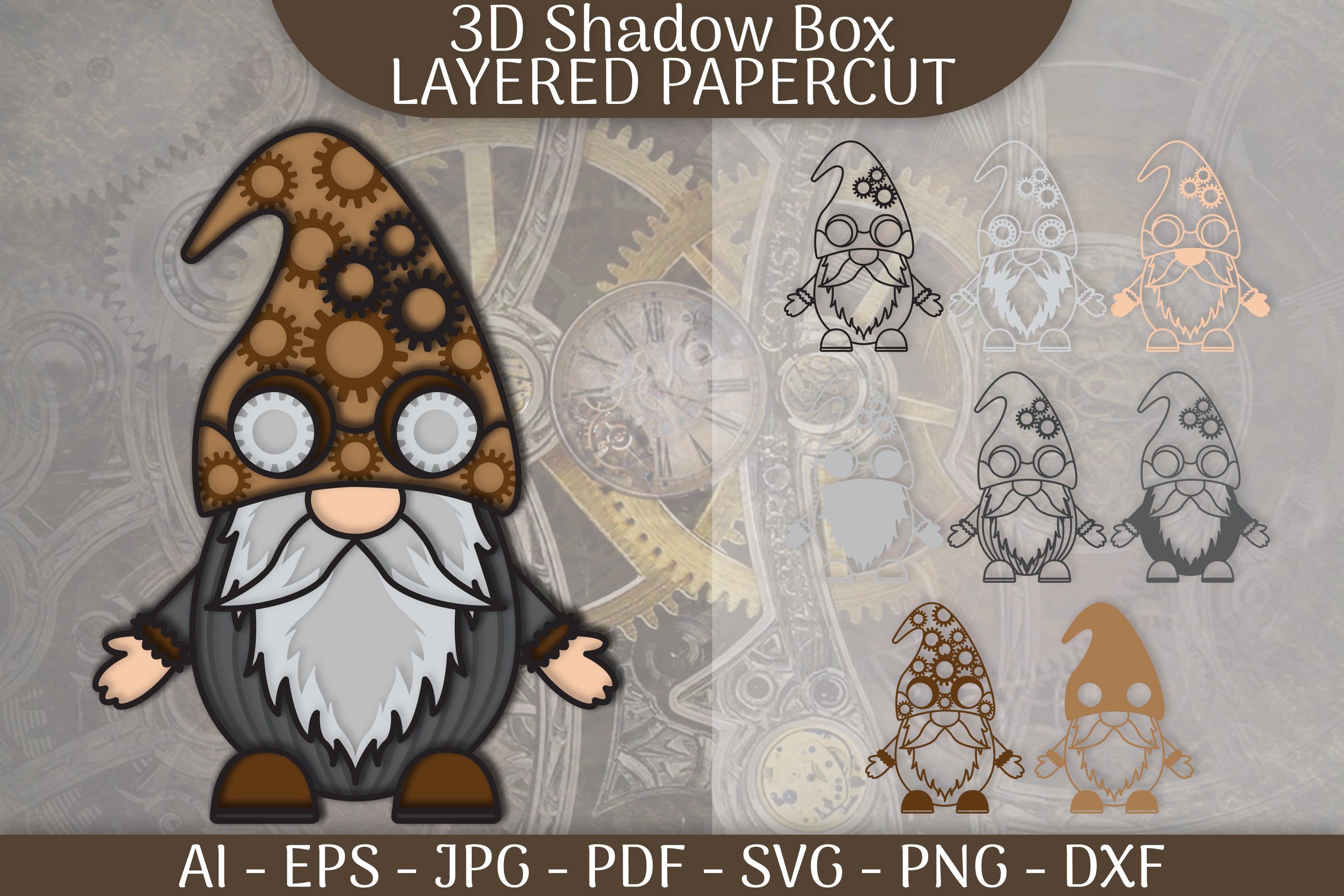 Gnome Steampunk Layered Papercut SVG Bundle