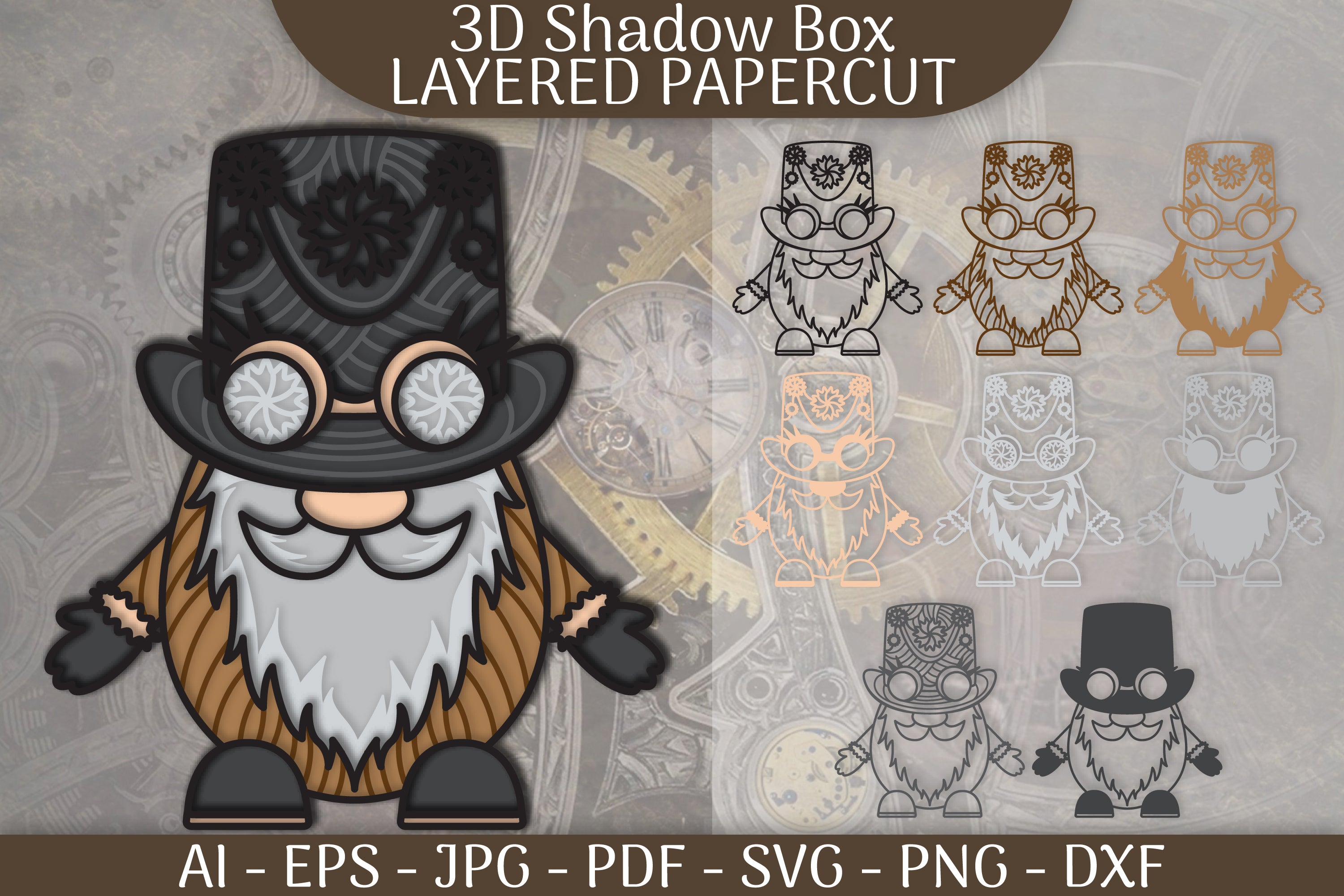 Gnome Steampunk Layered Papercut SVG Bundle