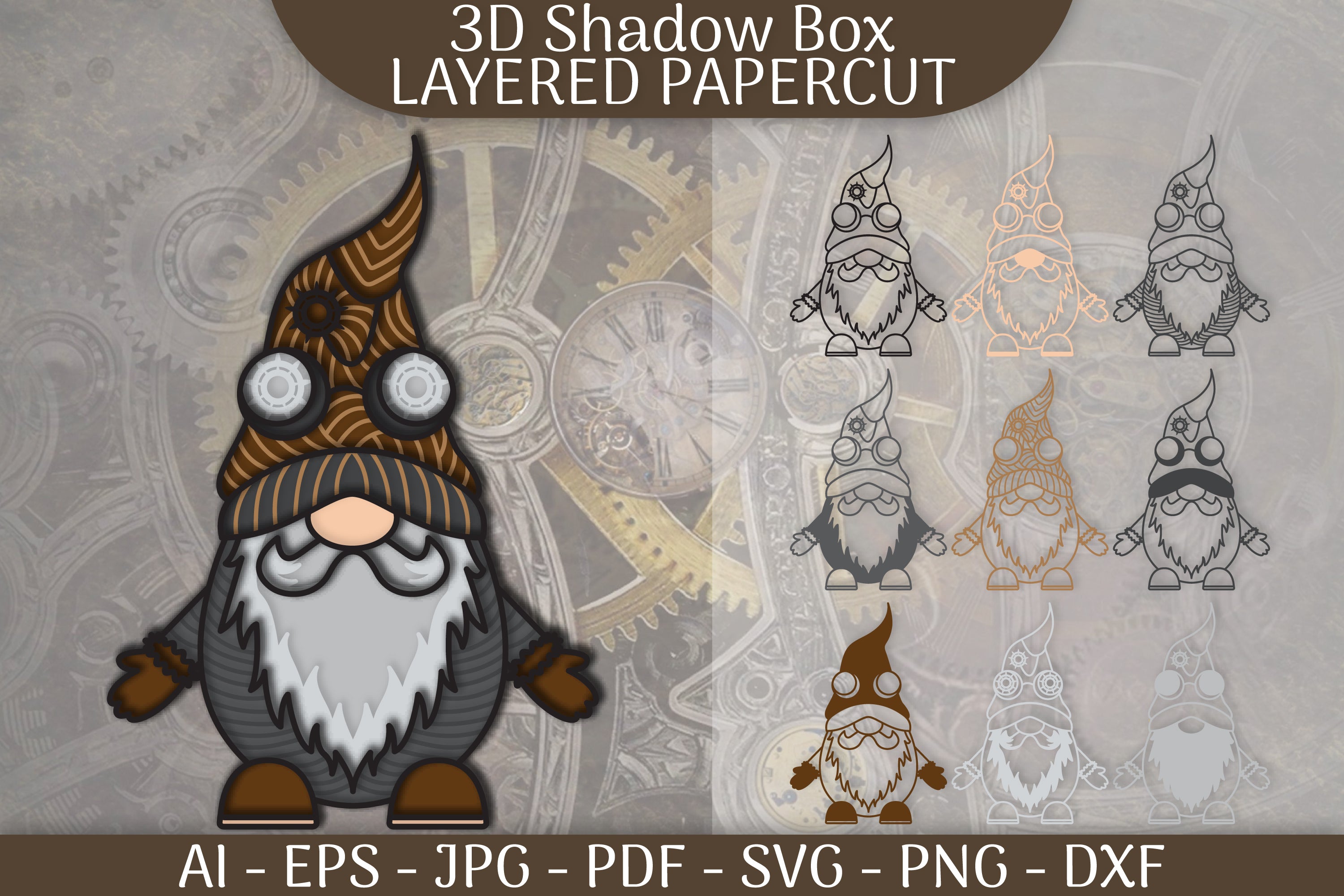 Gnome Steampunk Layered Papercut SVG Bundle