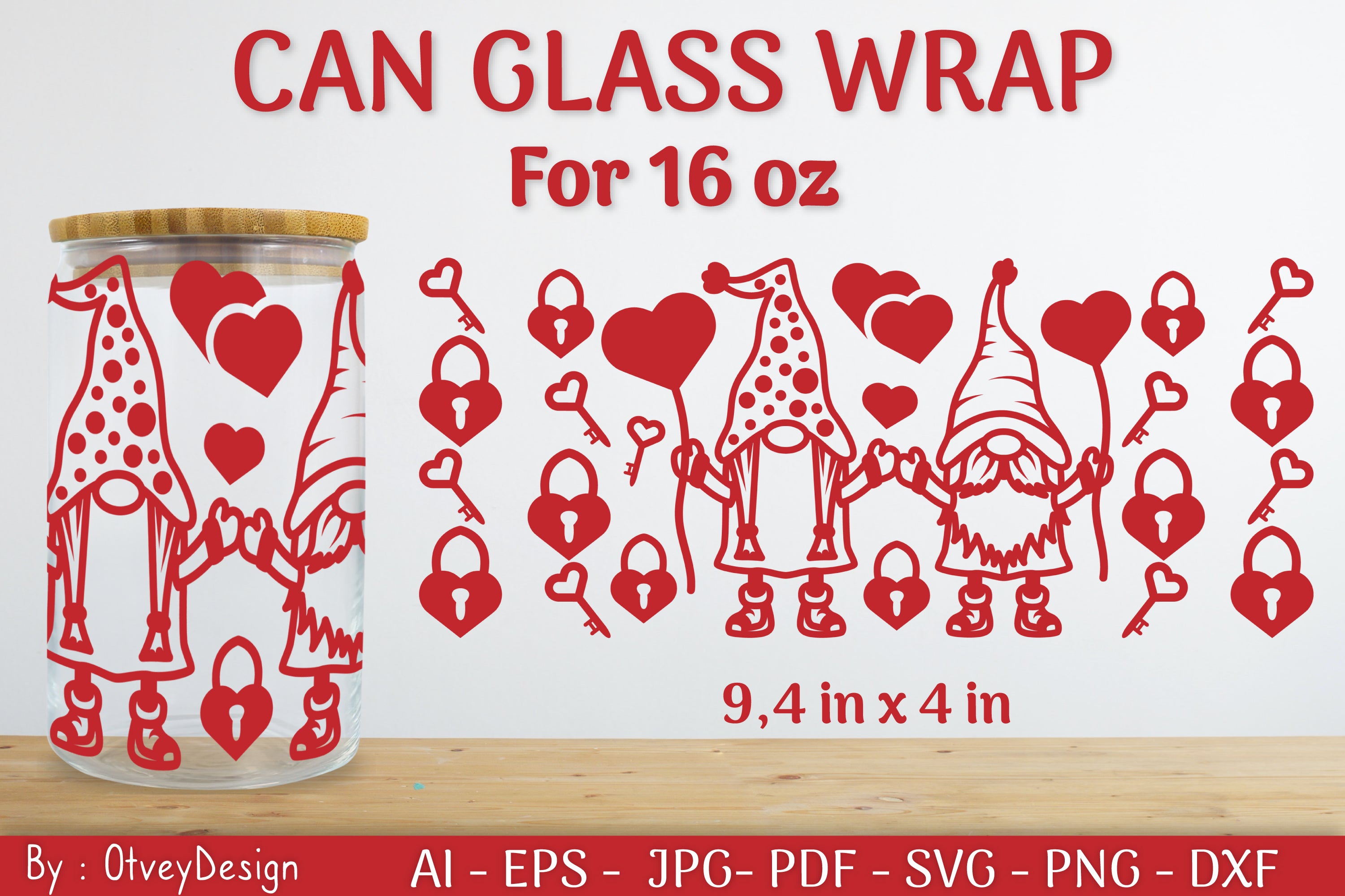 Gnome Valentine Can Glass 16 OZ SVG Bundle