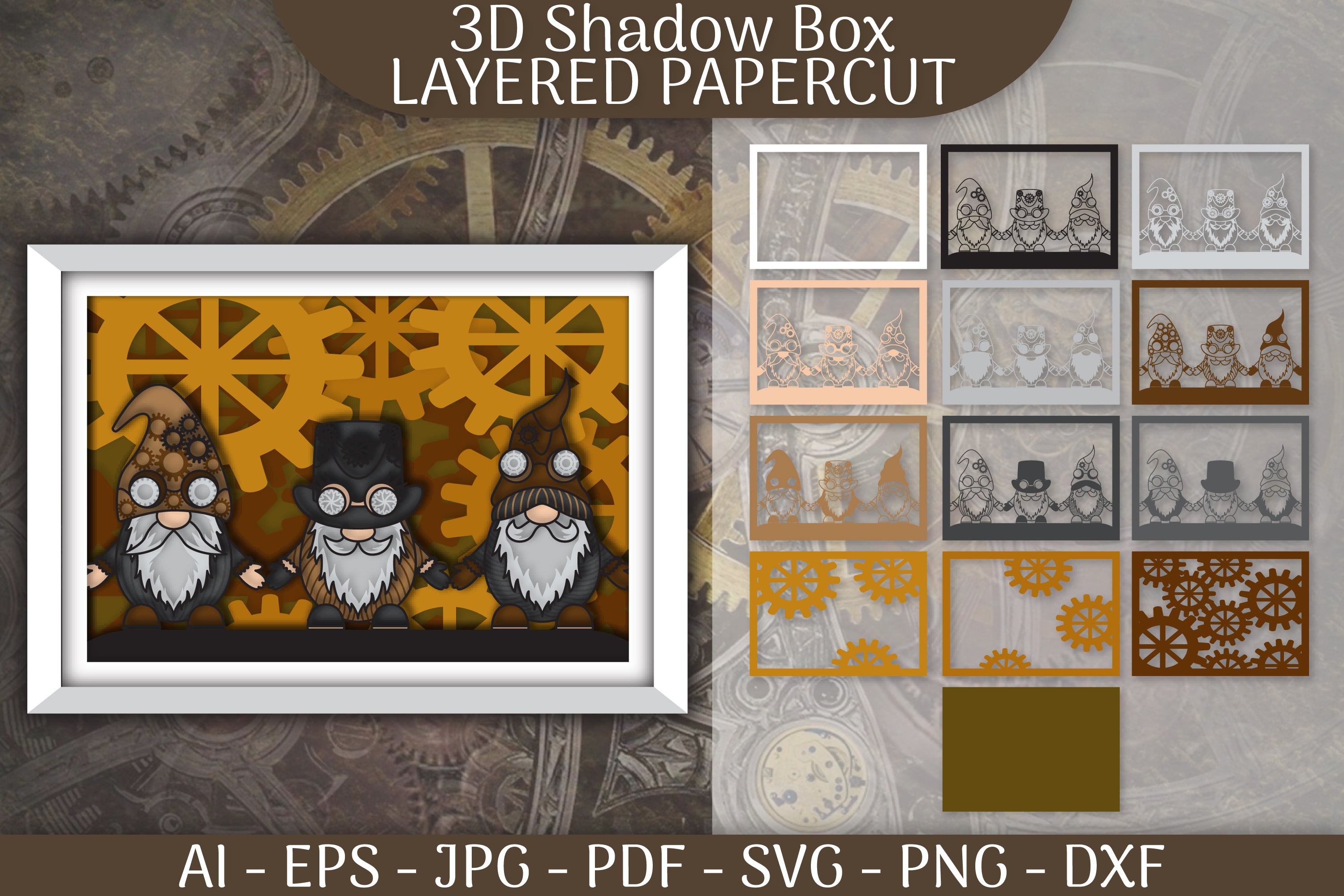 Gnome Steampunk 3D Shadowbox Layered Papercut SVG Bundle