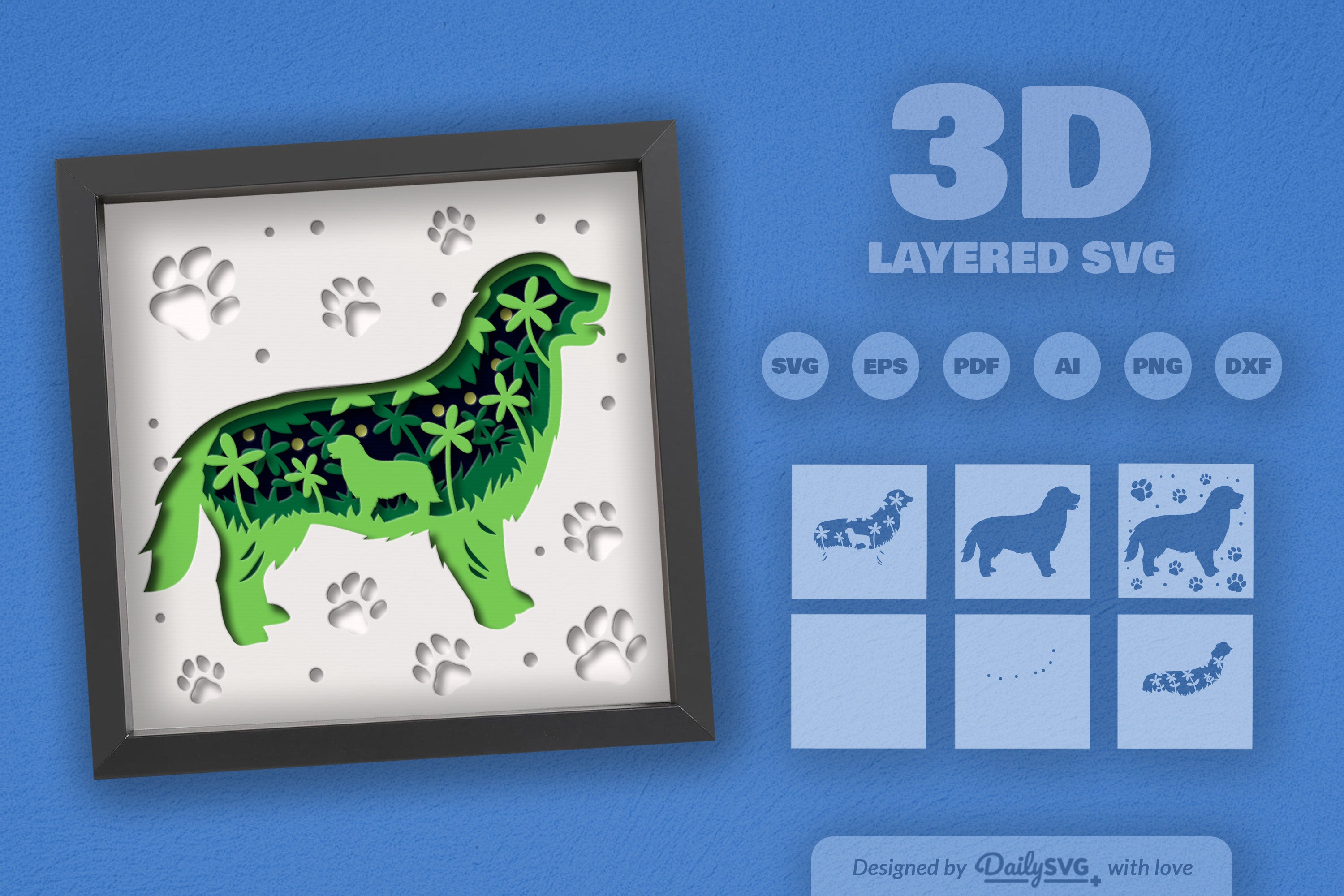 Golden Retriever Floral Silhouette Papercut SVG Bundle