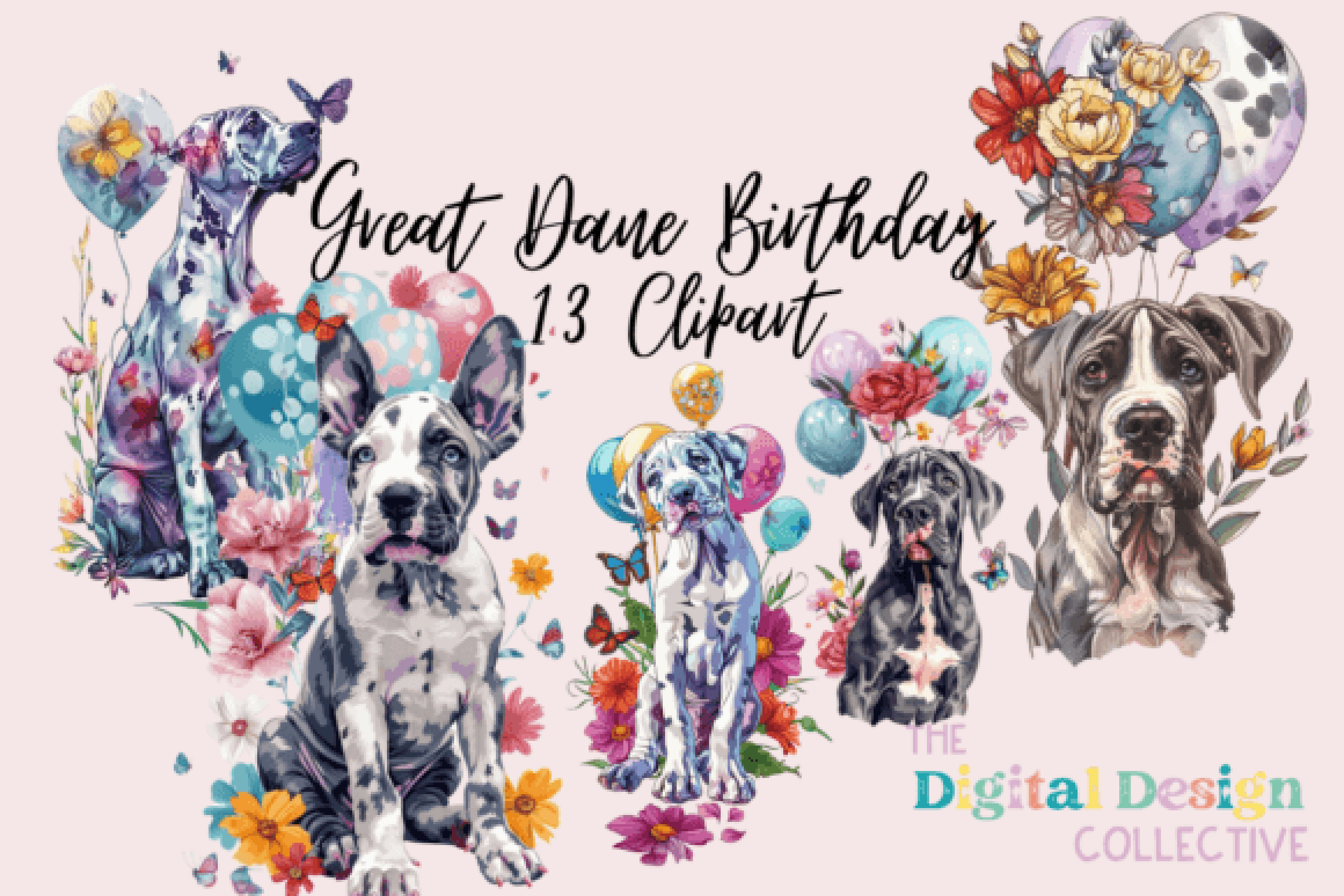 Great Dane Floral Birthday Clipart Bundle