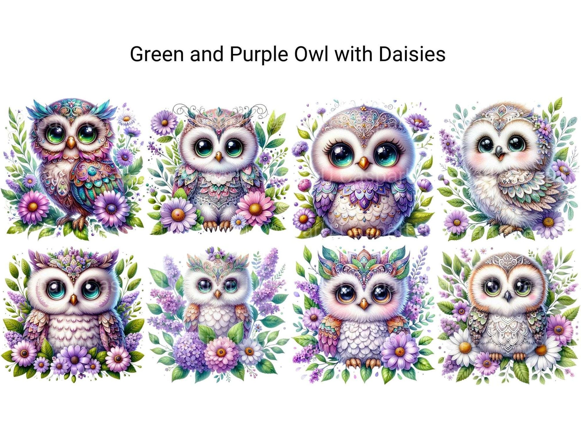 Green and Purple Owl with Daisies - CraftNest - Digital Crafting and Art