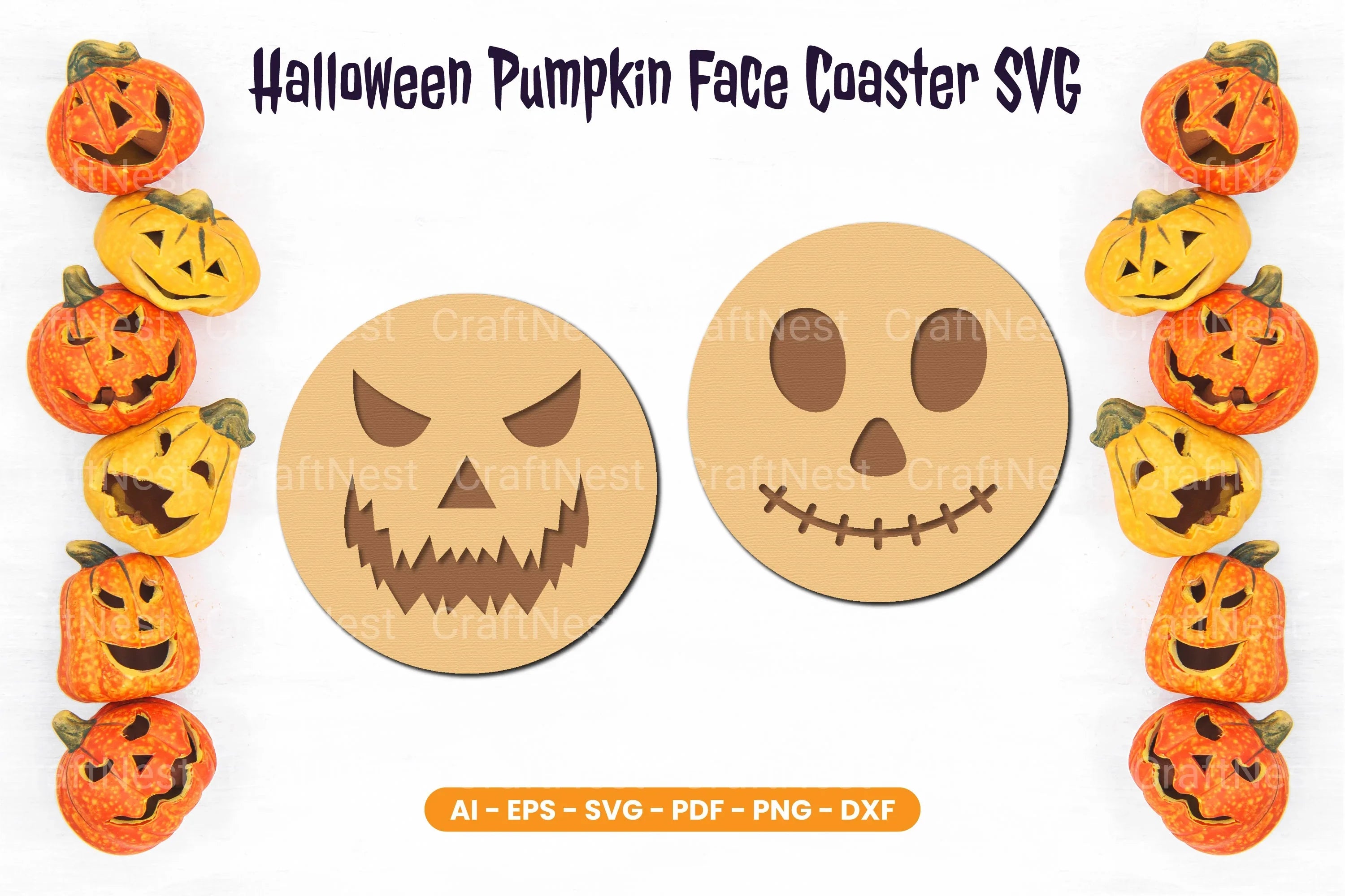 Halloween Pumpkin Face Coaster SVG Bundle - CraftNest - Digital Crafting and Art