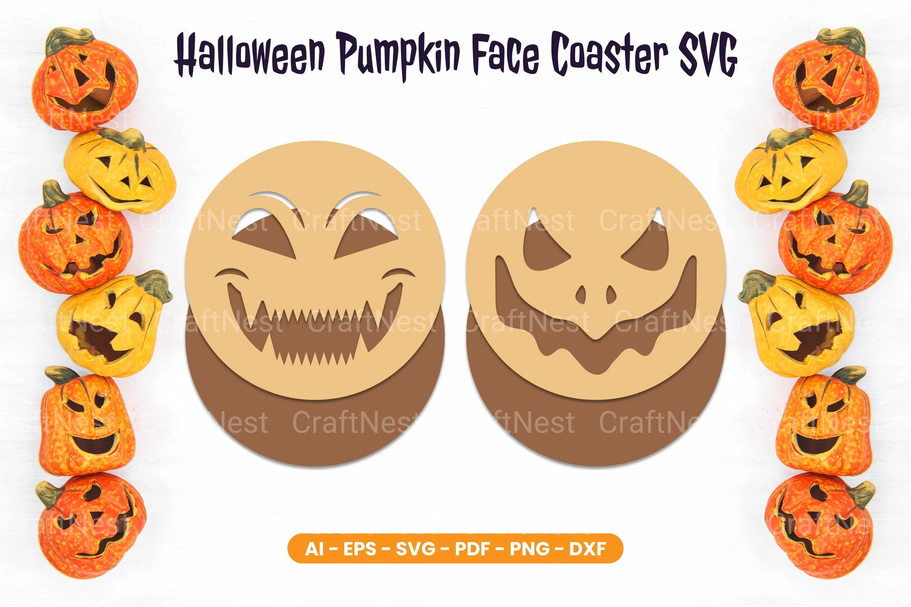 Halloween Pumpkin Face Coaster SVG Bundle - CraftNest - Digital Crafting and Art