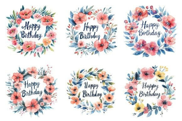 Happy Birthday Floral Wreath Clipart Bundle - CraftNest - Digital Crafting and Art