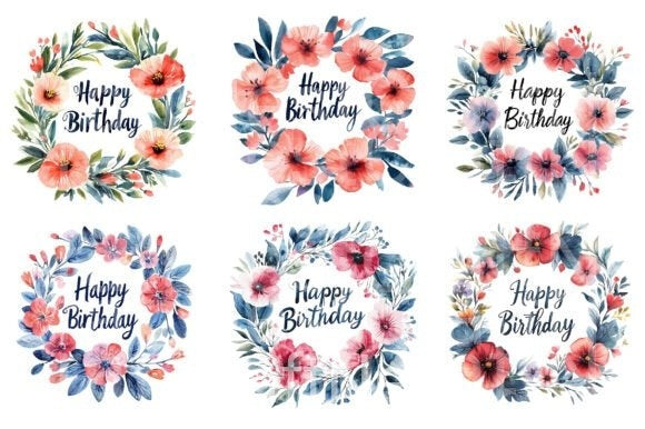 Happy Birthday Floral Wreath Clipart Bundle - CraftNest - Digital Crafting and Art