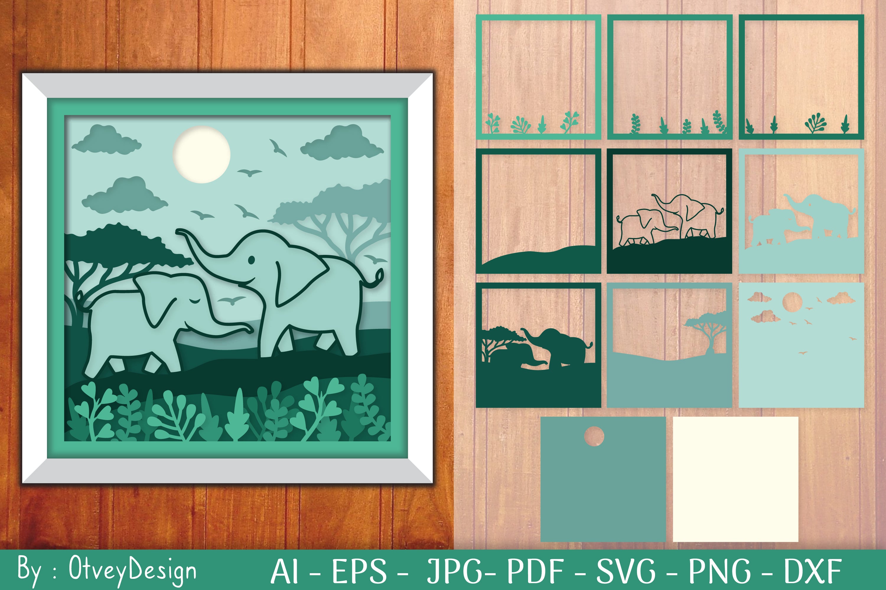 Mother and Baby Elephant Shadow Box Layered Papercut SVG Bundle