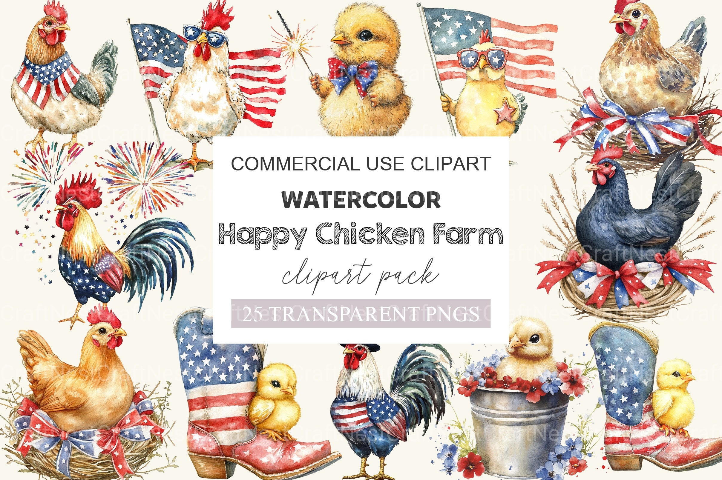 Happy Chicken Farm 4th Of July Clipart Bundle - CraftNest - Digital Crafting and Art
