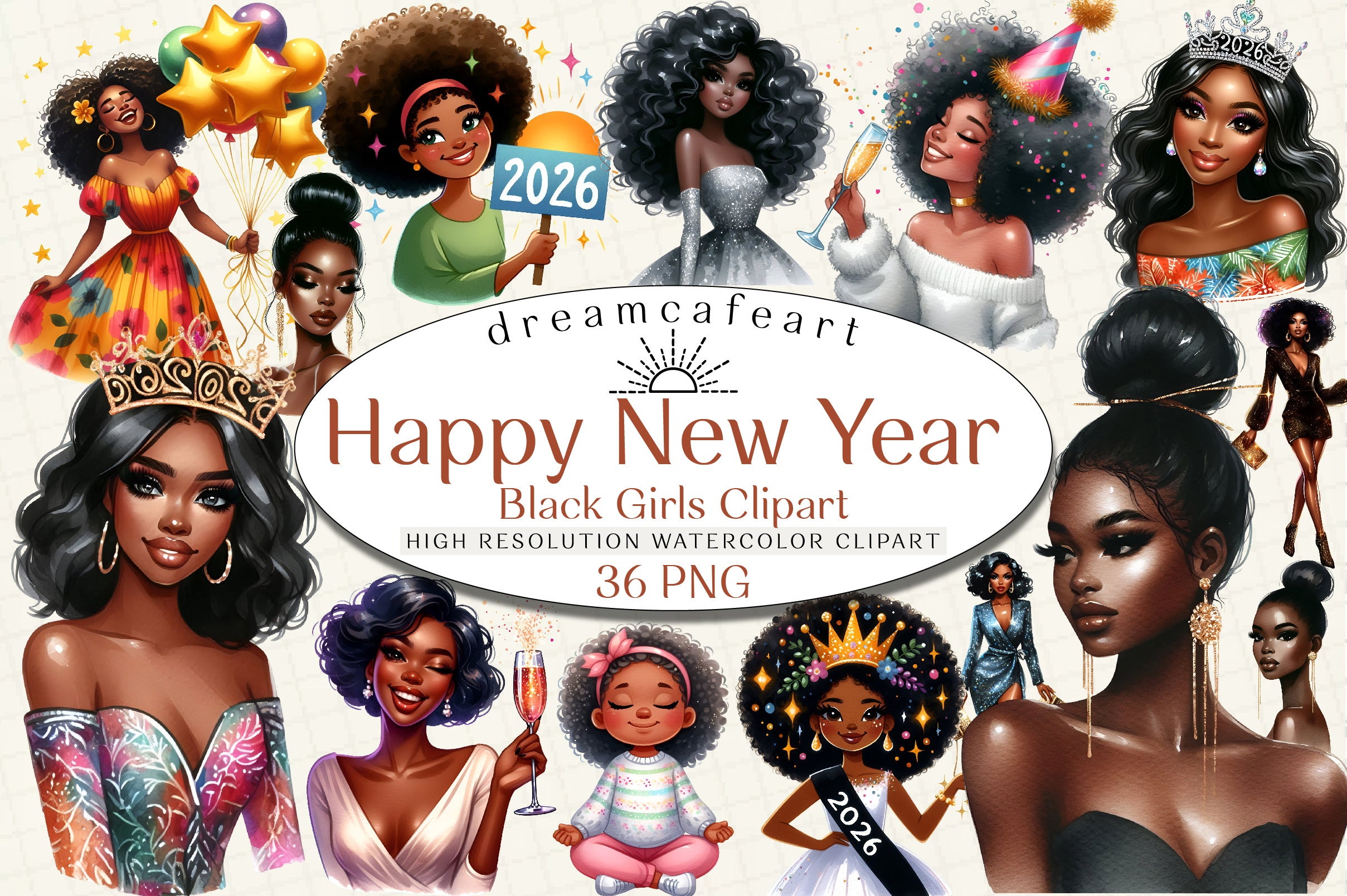 Happy New Year Black Girls Clipart Bundle
