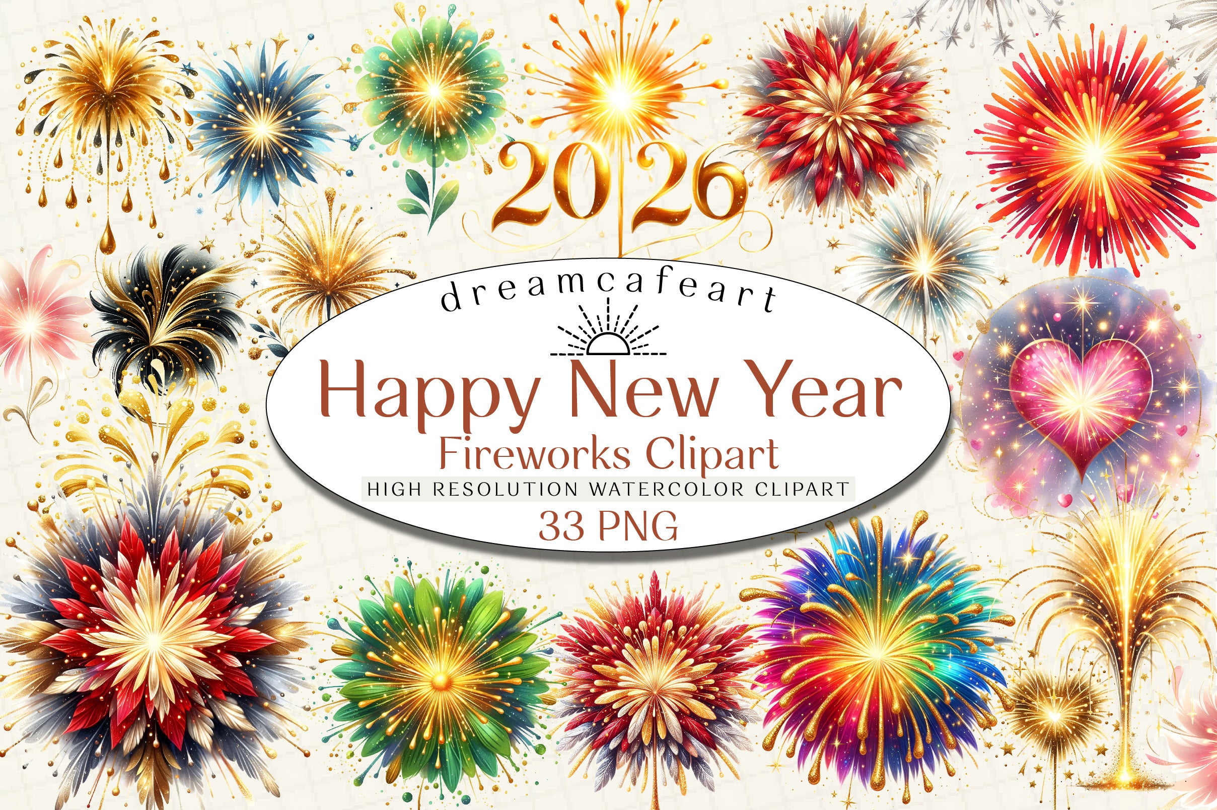 Happy New Year Fireworks Clipart Bundle