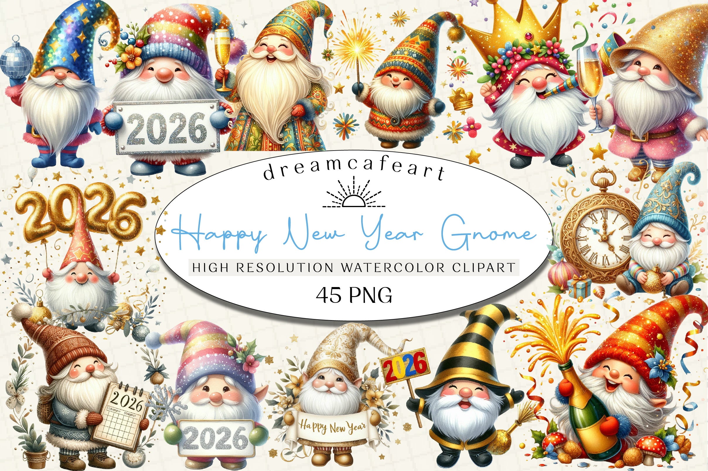 Happy New Year Gnome Clipart Bundle