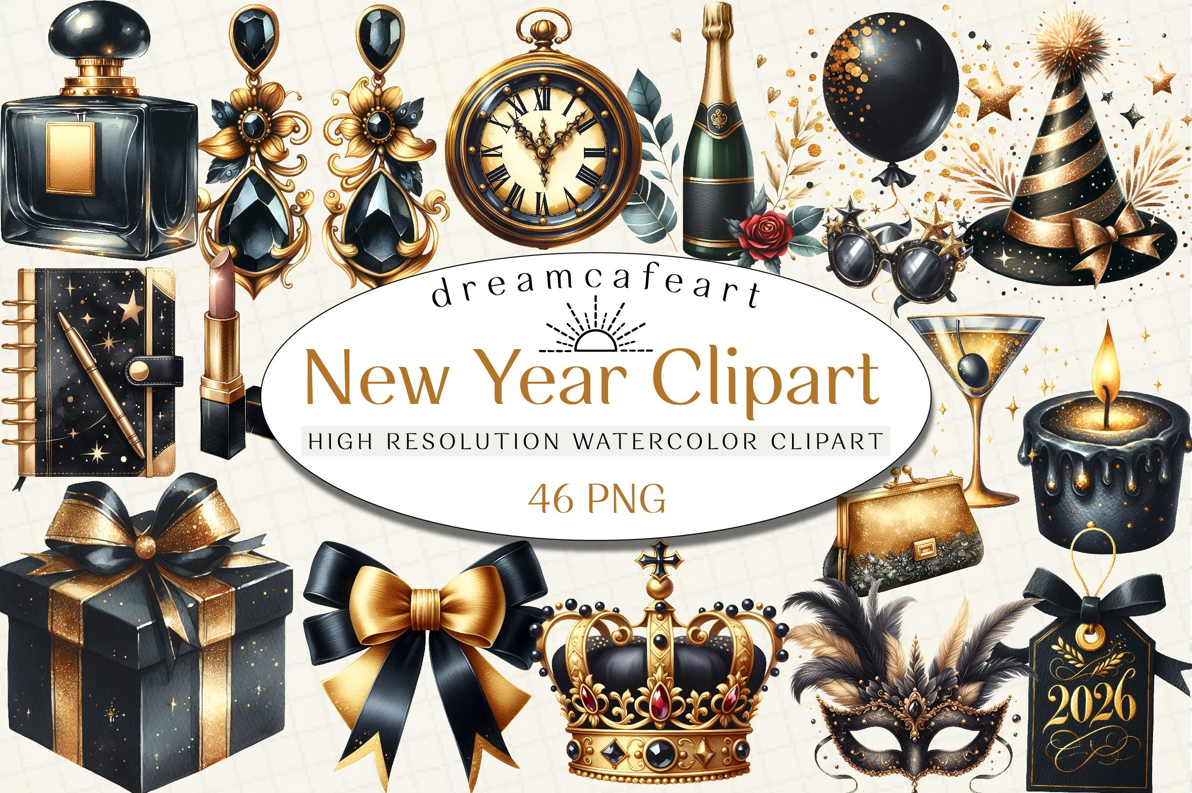 Happy New Year Gold & Black Clipart Bundle