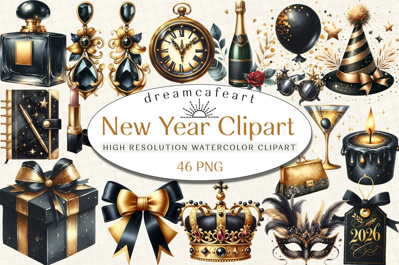 Happy New Year Gold & Black Clipart Bundle - CraftNest - Digital Crafting and Art