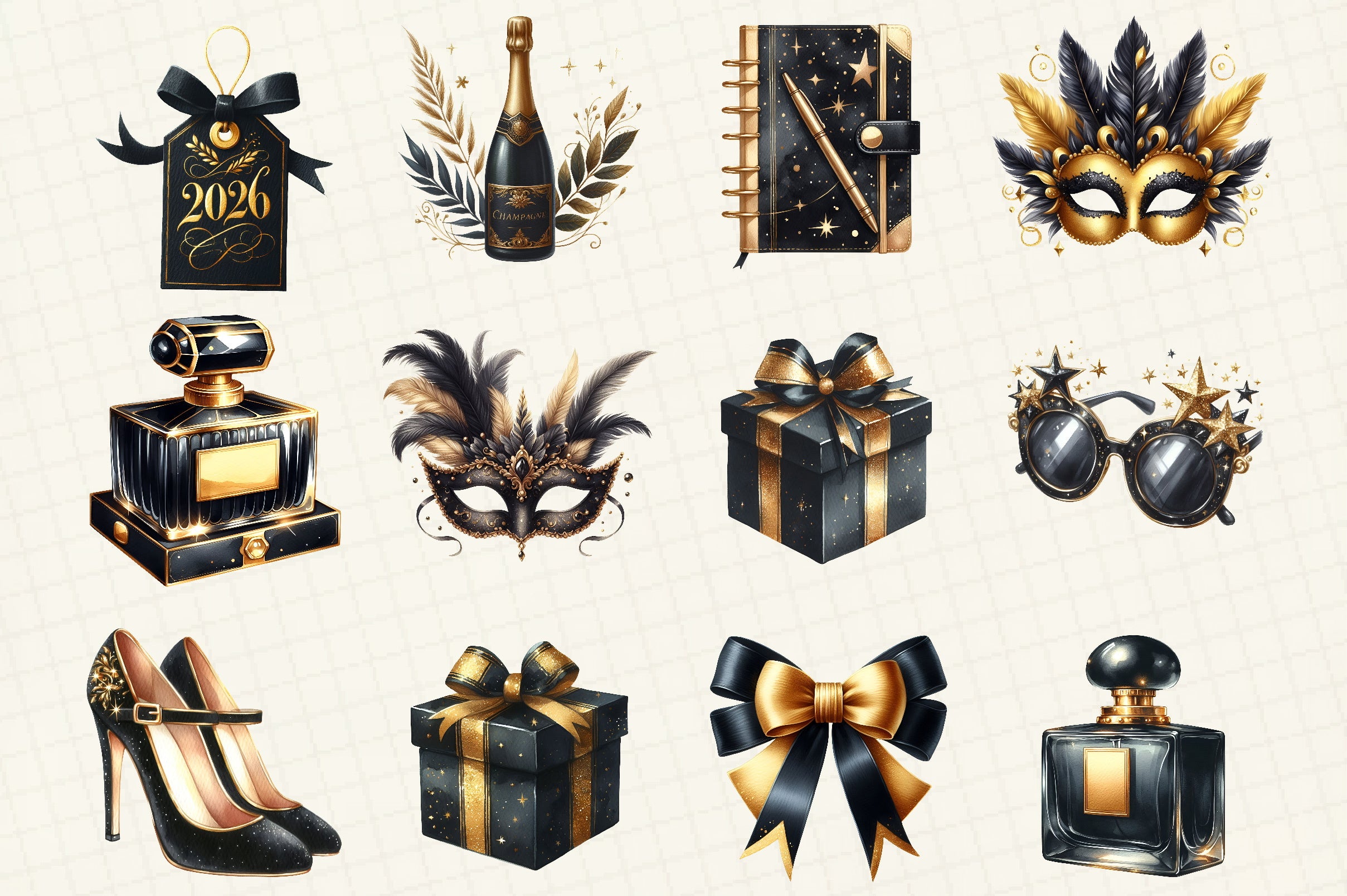 Happy New Year Gold & Black Clipart Bundle