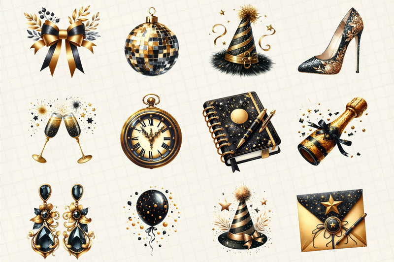 Happy New Year Gold & Black Clipart Bundle - CraftNest - Digital Crafting and Art