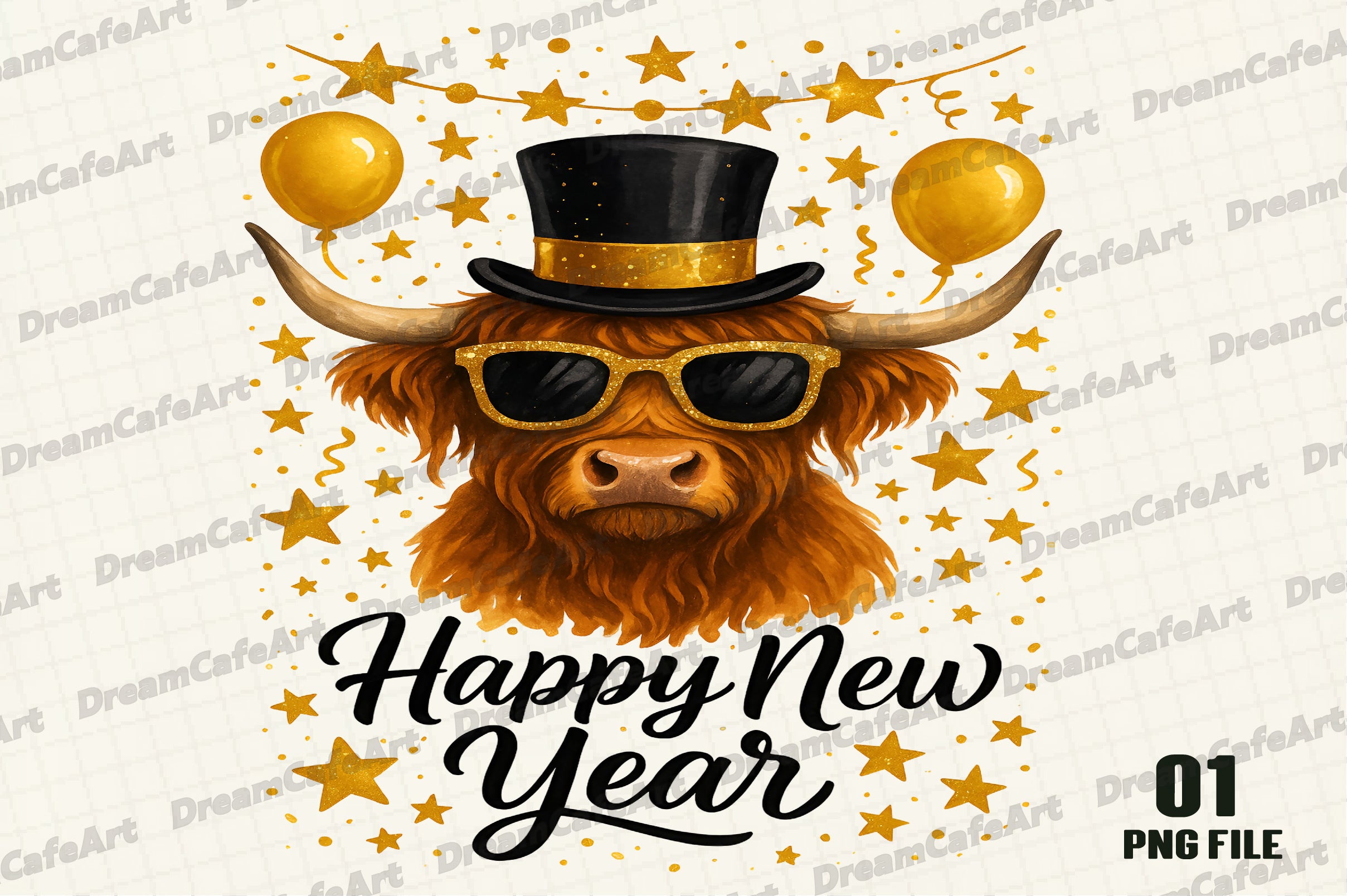 Happy New Year Highland Cow Clipart Bundle