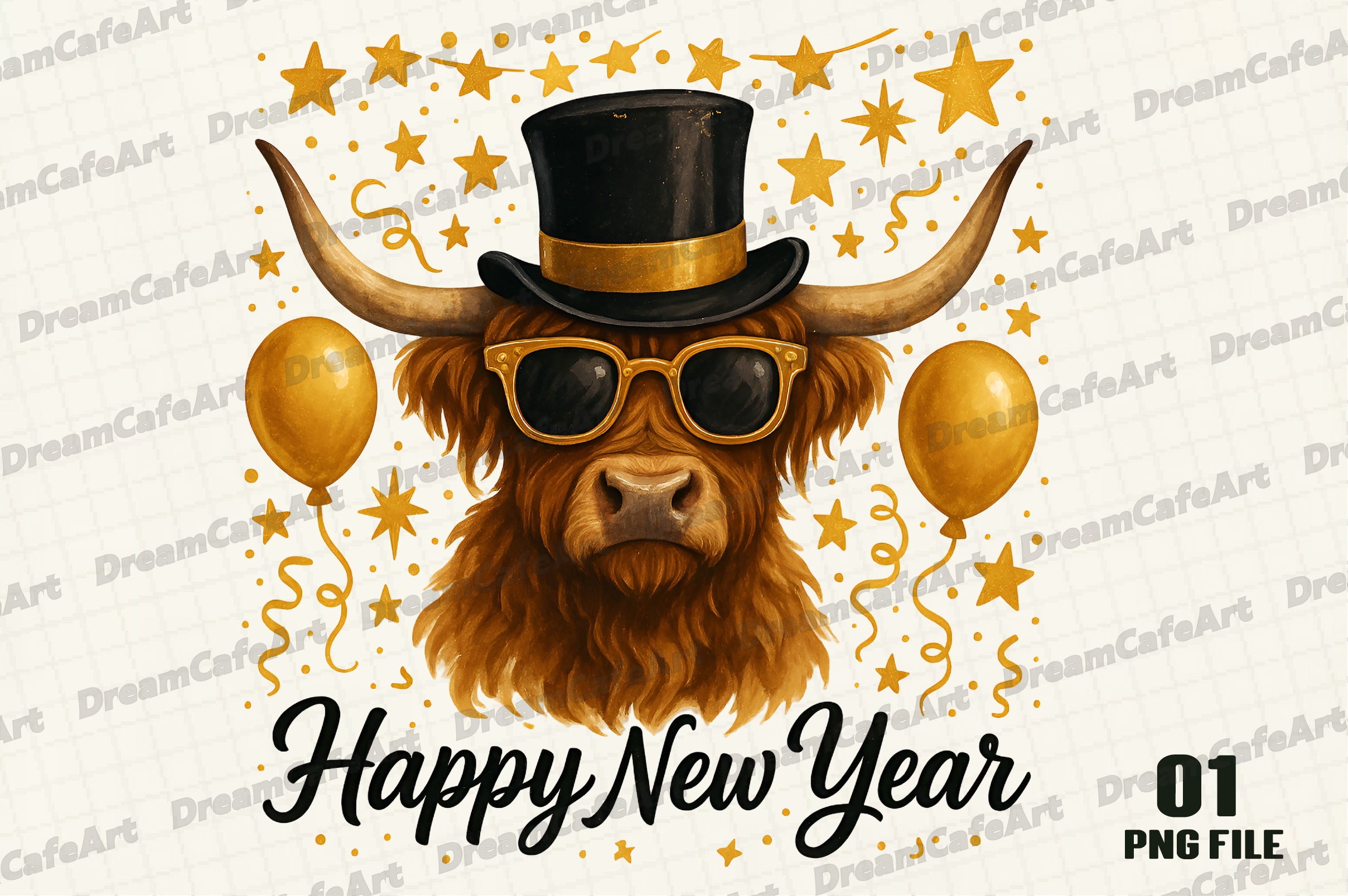 Happy New Year Highland Cow Clipart Bundle