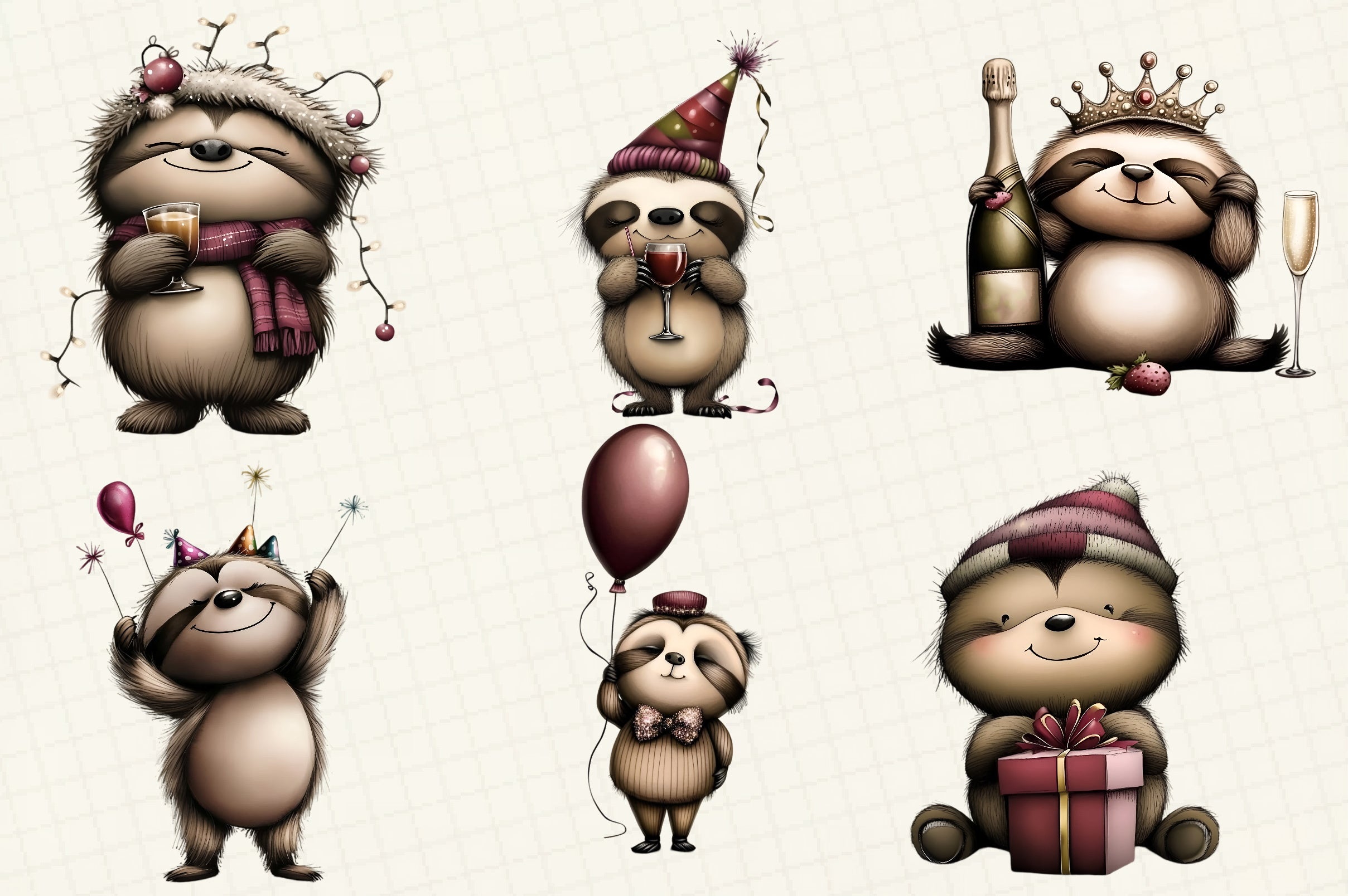 Happy New Year Sloth Clipart Bundle