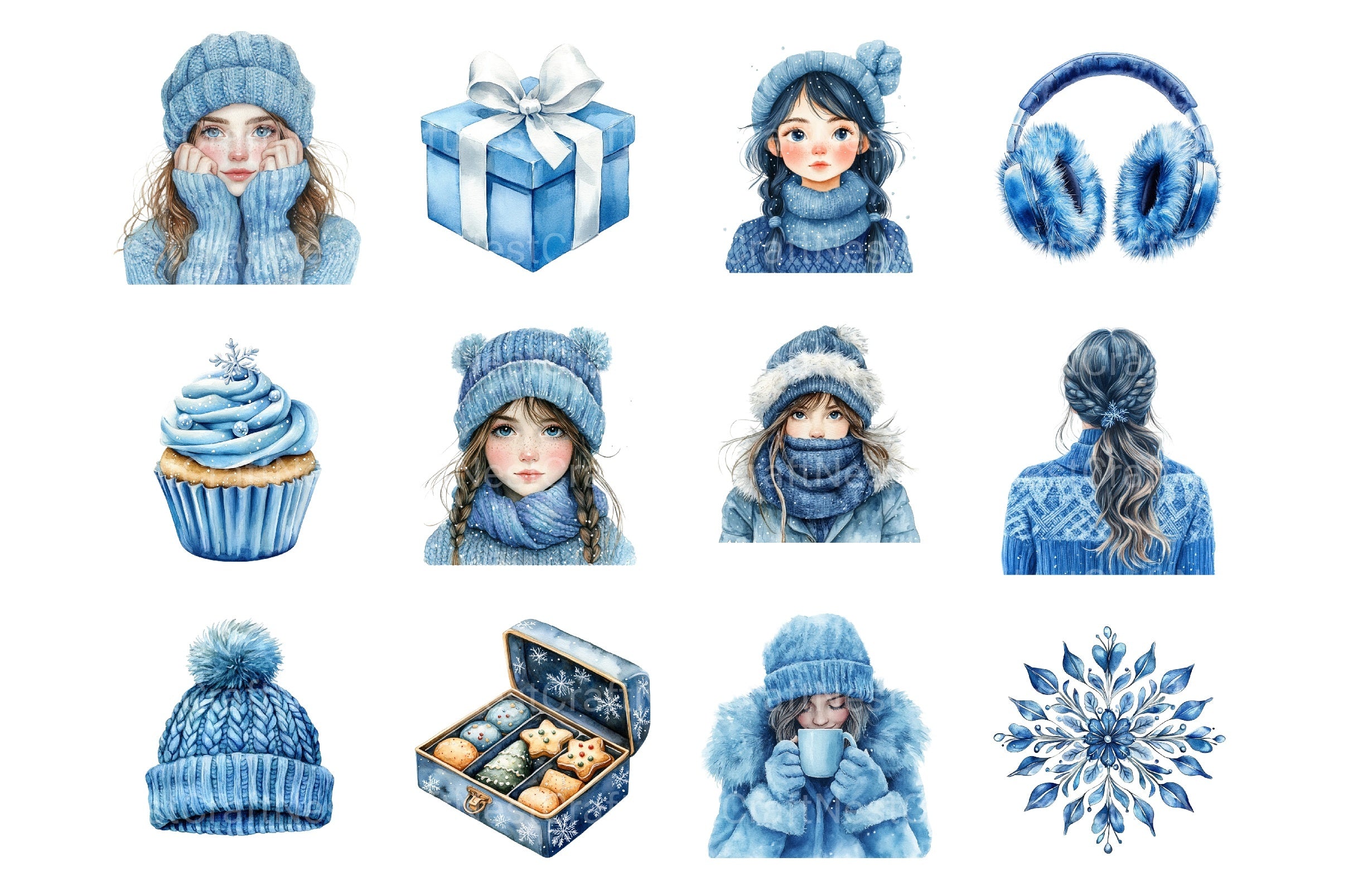 Cozy Winter Blue Snowflake Christmas Cottagecore Digital Stickers Bundle - CraftNest - Digital Crafting and Art