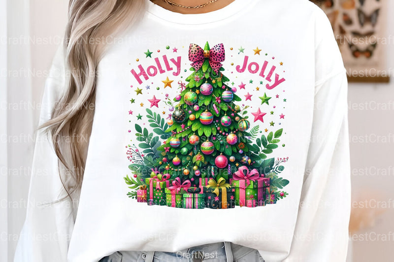 Colorful Glitter Holly Jolly Christmas Tree Pink Clipart Bundle - CraftNest - Digital Crafting and Art
